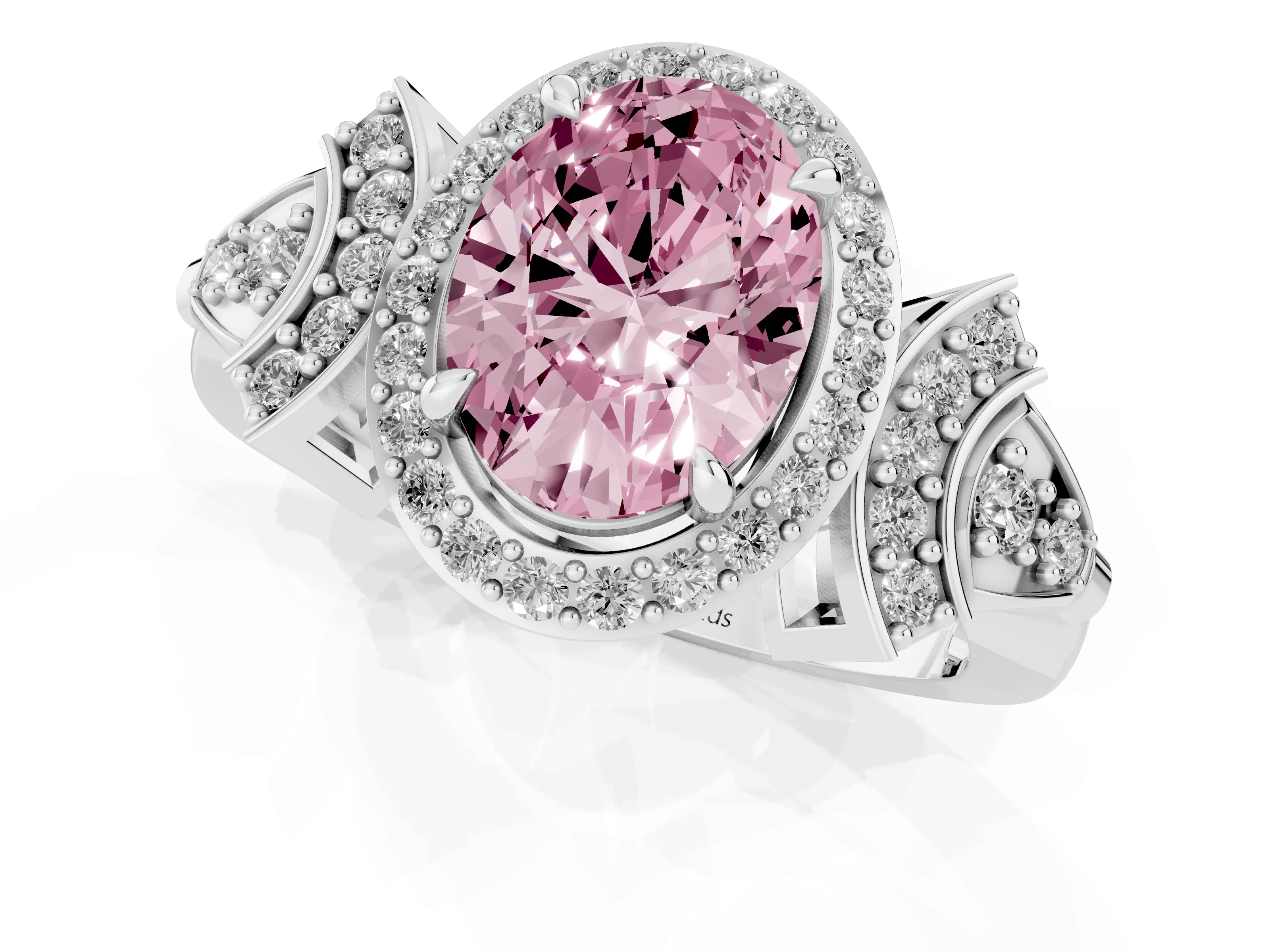 Fancy Pink Oval Cut Diamond Halo Engagement Ring Set in Silver with Accent Stone Split Shank