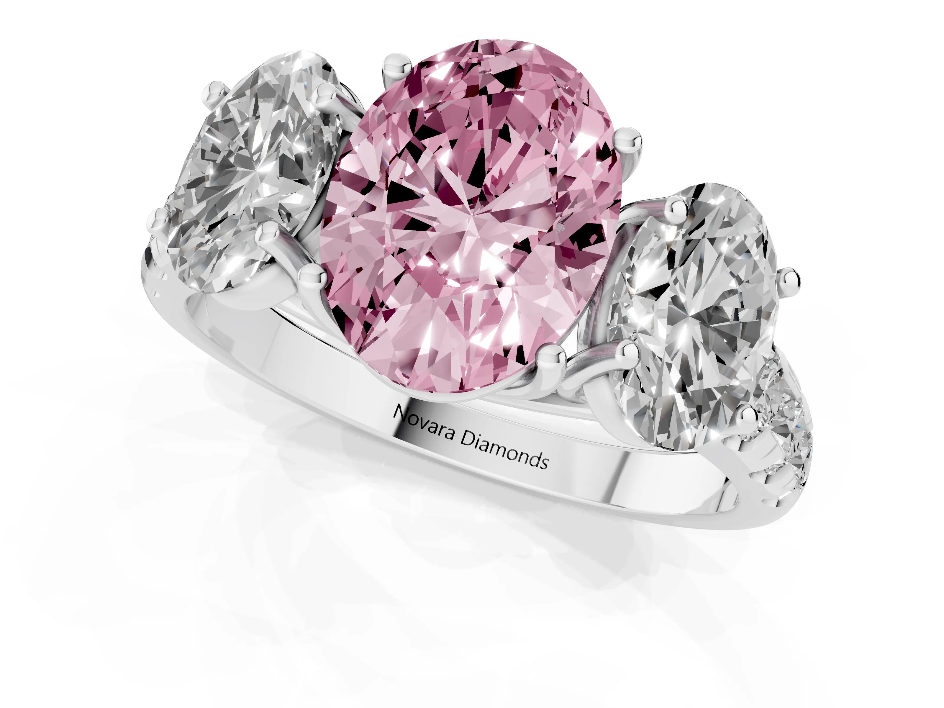 Fancy Pink Oval Cut Diamond Three-Stone Ring Set in Silver with Pavé Band
