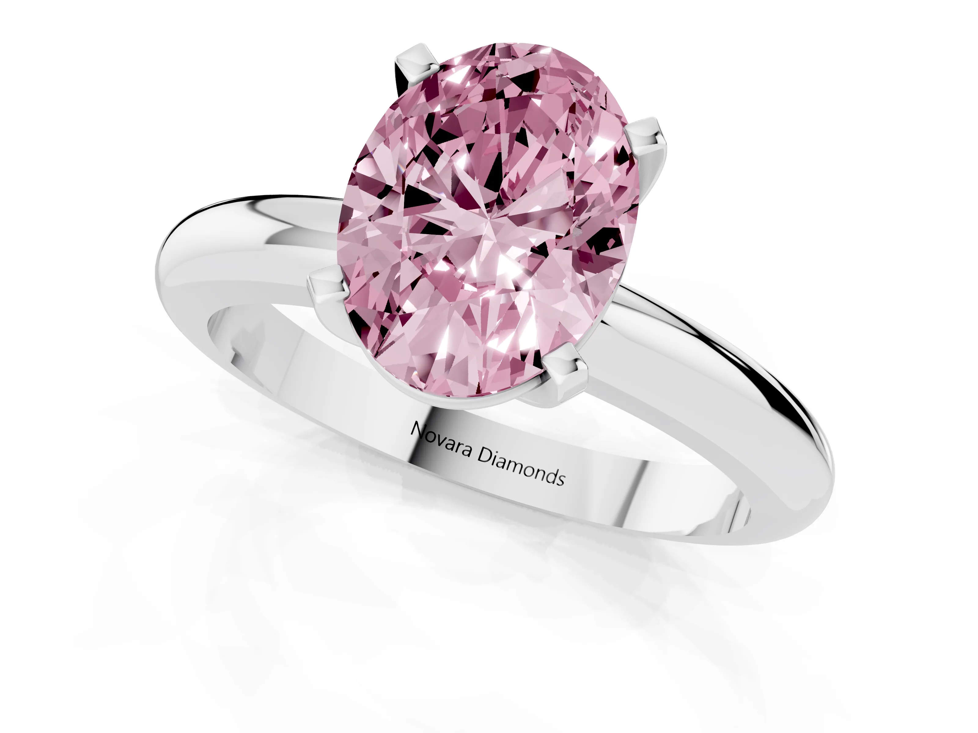 Fancy Pink Oval Cut Diamond Solitaire Engagement Ring Set in Silver with Round Band and Prong Setting