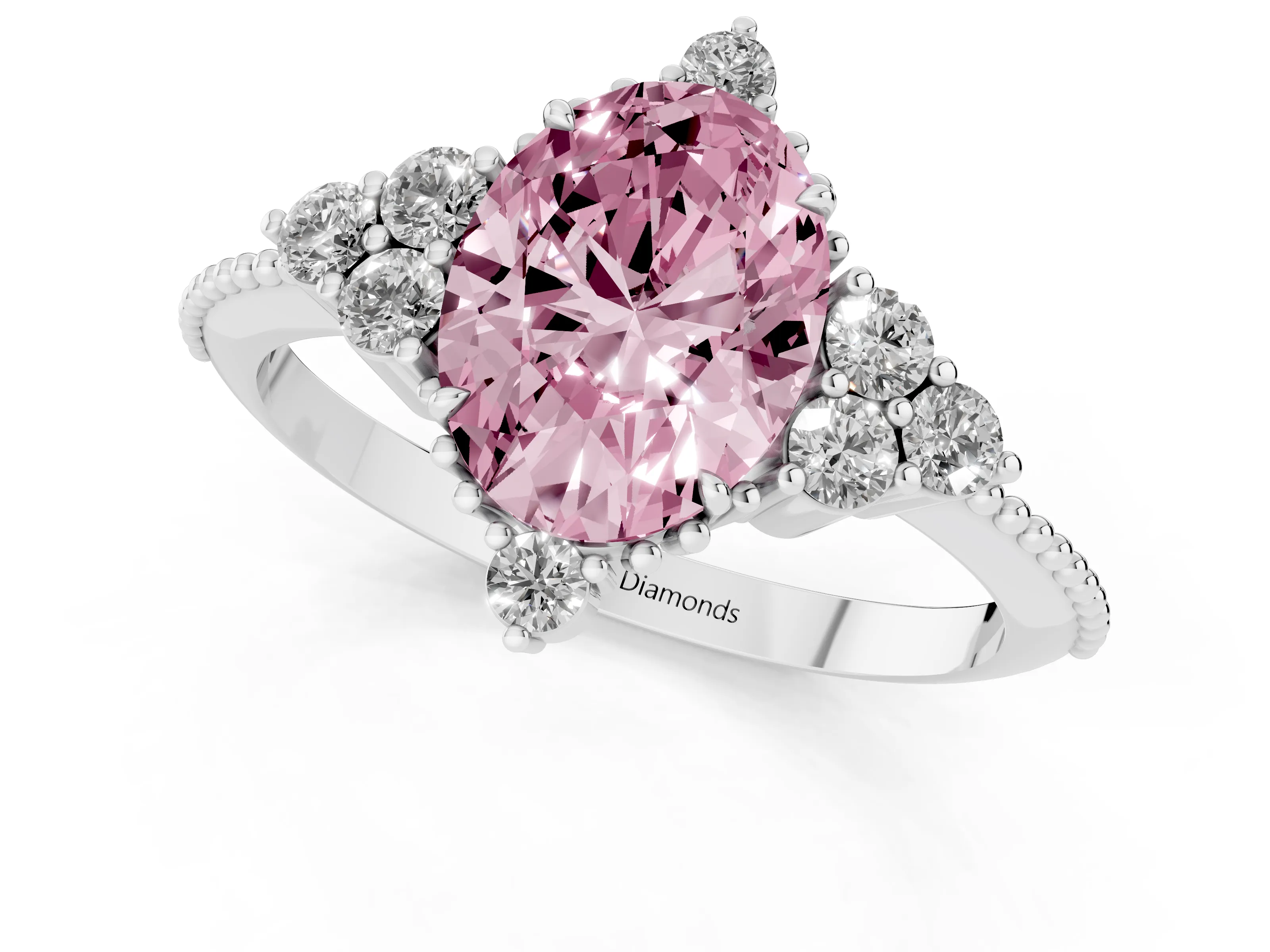 Fancy Pink Oval Cut Diamond Cluster Ring Set in Silver with Beaded Band