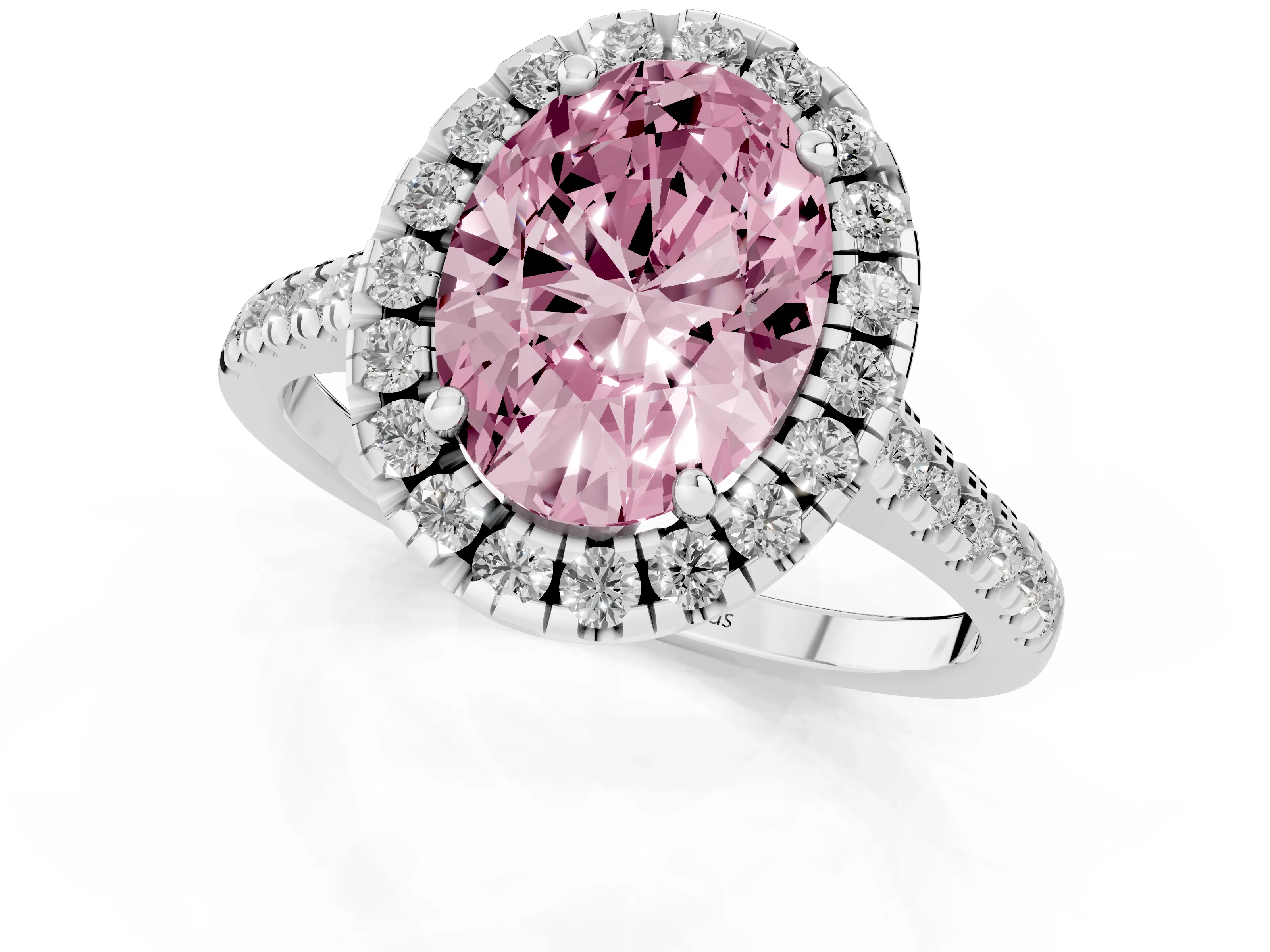 Fancy Pink Oval Cut Diamond Cushion Halo Ring Set in White gold with Pavé Band