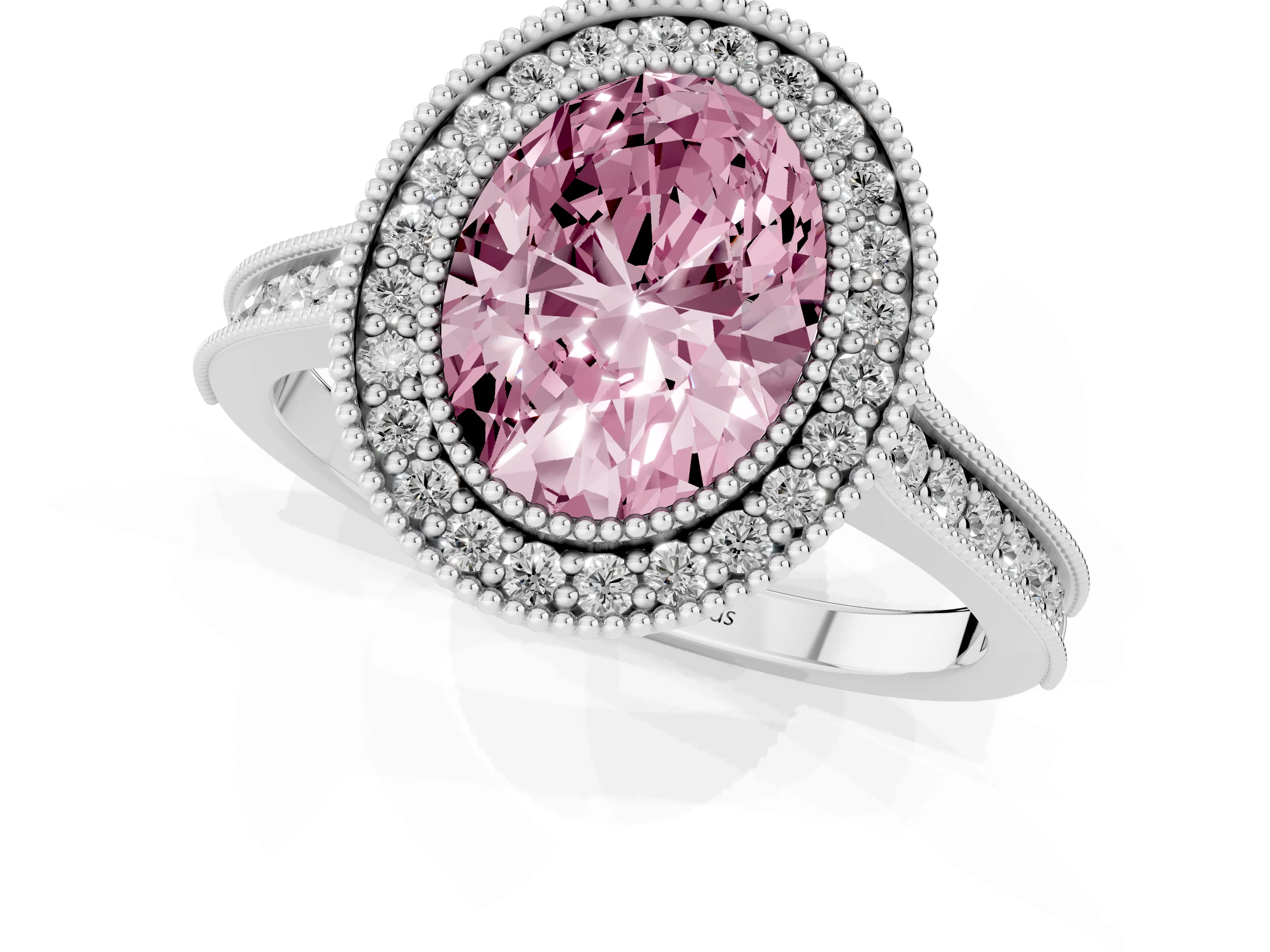 Fancy Pink Oval Cut Diamond Halo Milgrain Pavé Band Ring Set in Silver with Prong Setting