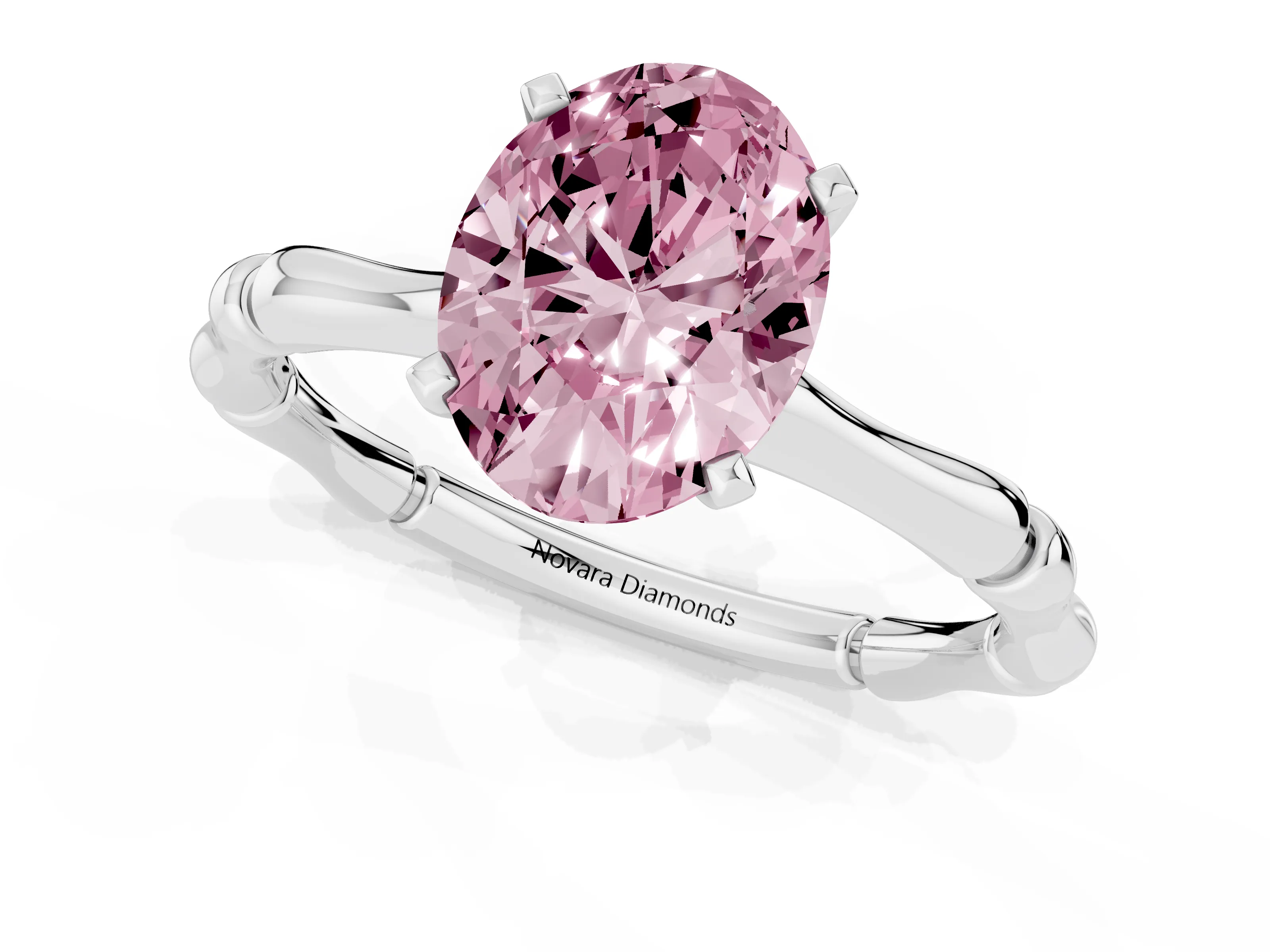 Fancy Pink Oval Cut Diamond Solitaire Ring Set in Platinum with Bamboo Band and Prong Setting