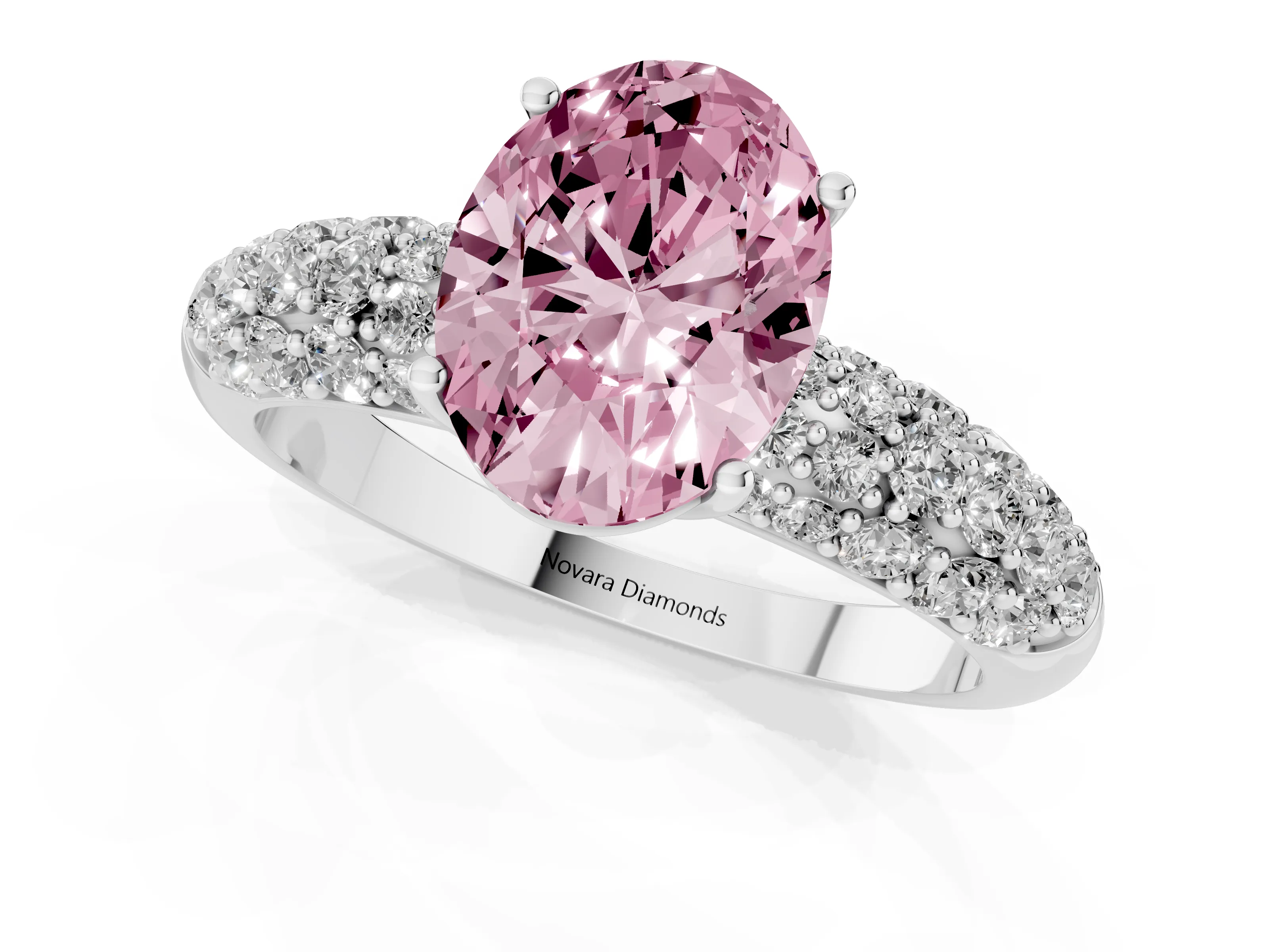 Fancy Pink Oval Cut Diamond Pavé Band Solitaire Ring Set in White gold with Close-Set Accent Stones and Prong Setting