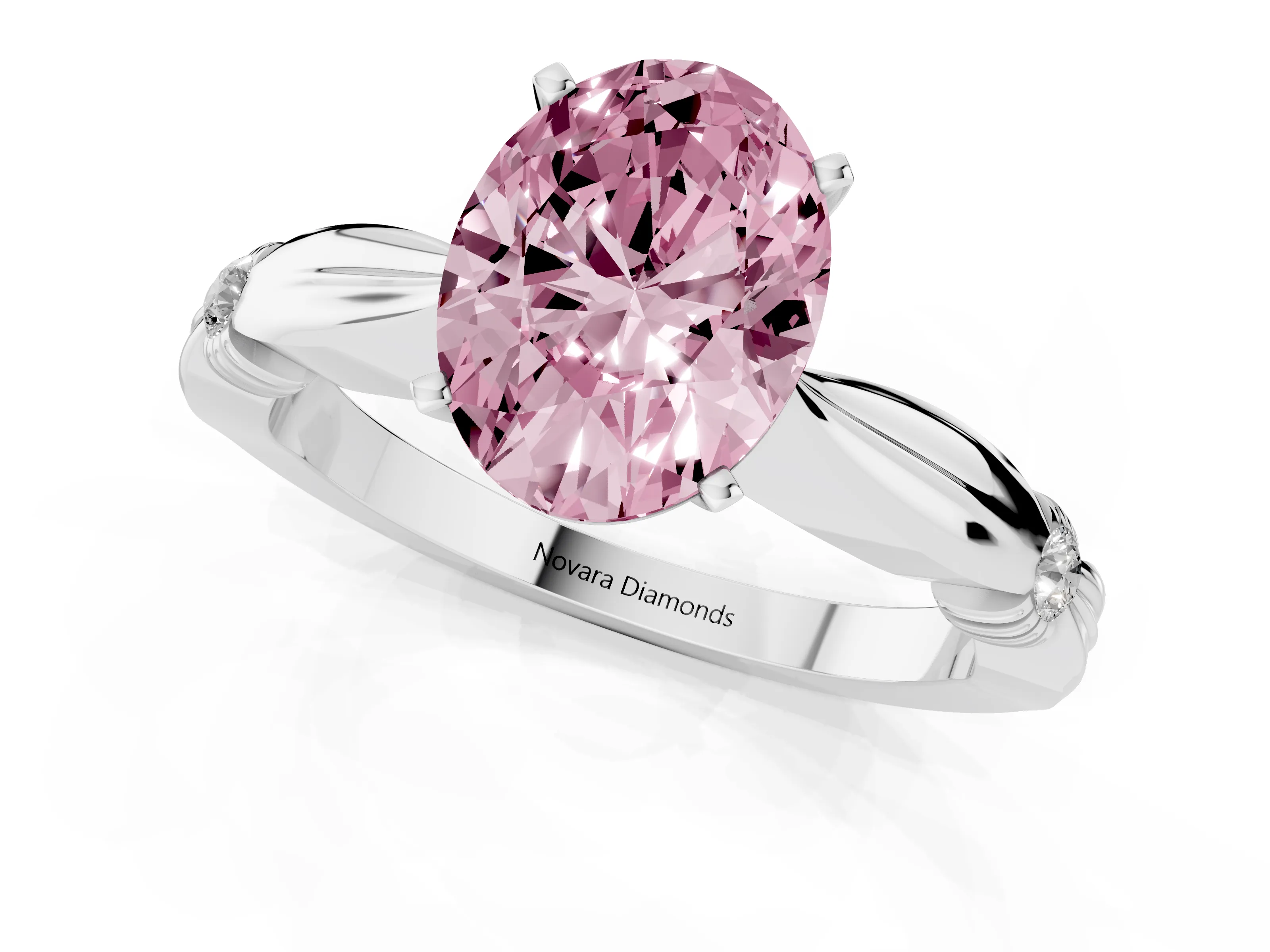 Fancy Pink Oval Cut Diamond Solitaire Twisted Band Ring Set in Silver with Accent Stones and Prong Setting