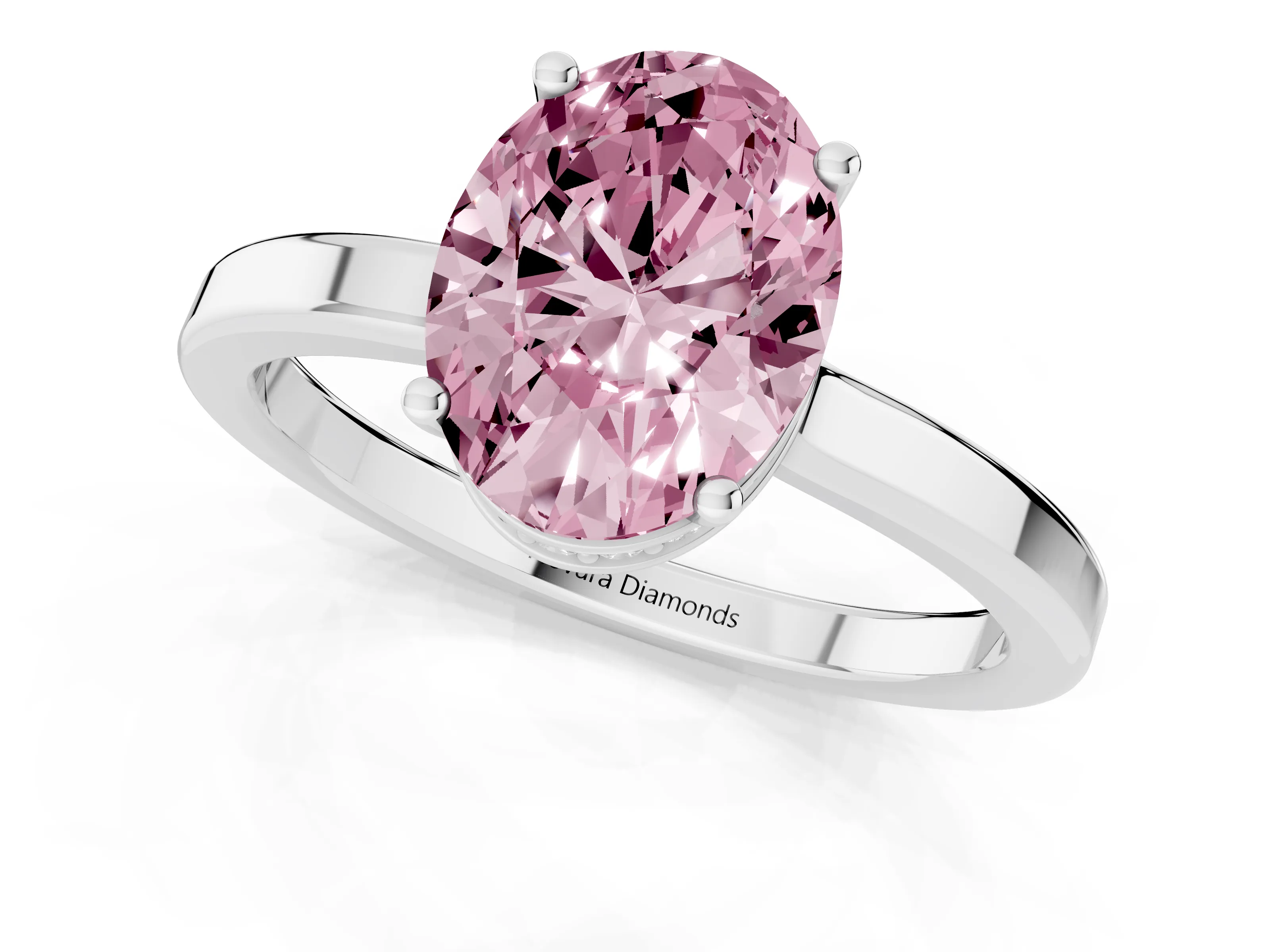 Fancy Pink Oval Cut Diamond Solitaire Engagement Ring Set in White gold with Prong Setting on a Plain Band