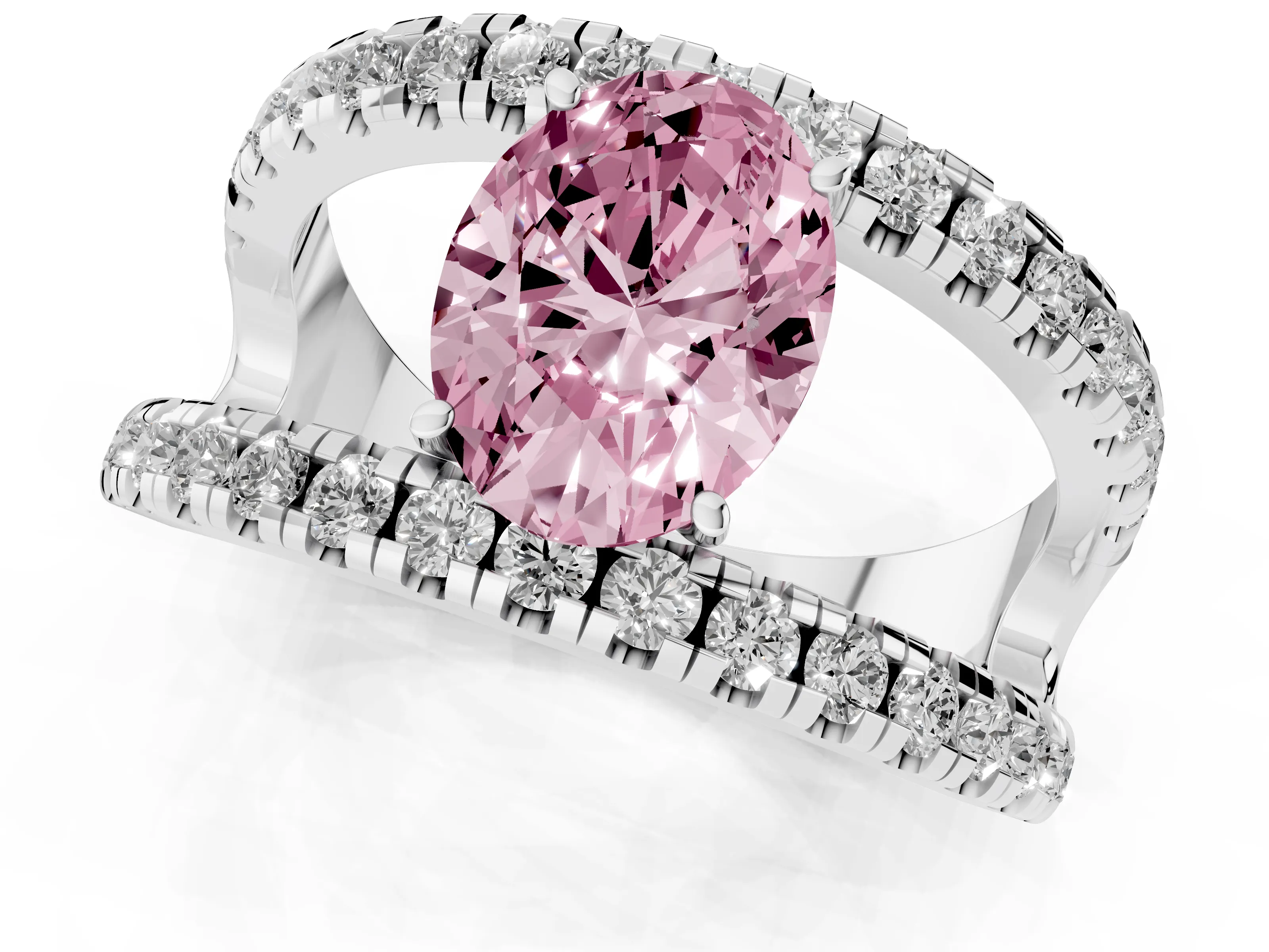 Fancy Pink Oval Cut Diamond Split Shank Pavé Solitaire Ring Set in Platinum with Open Shank Design