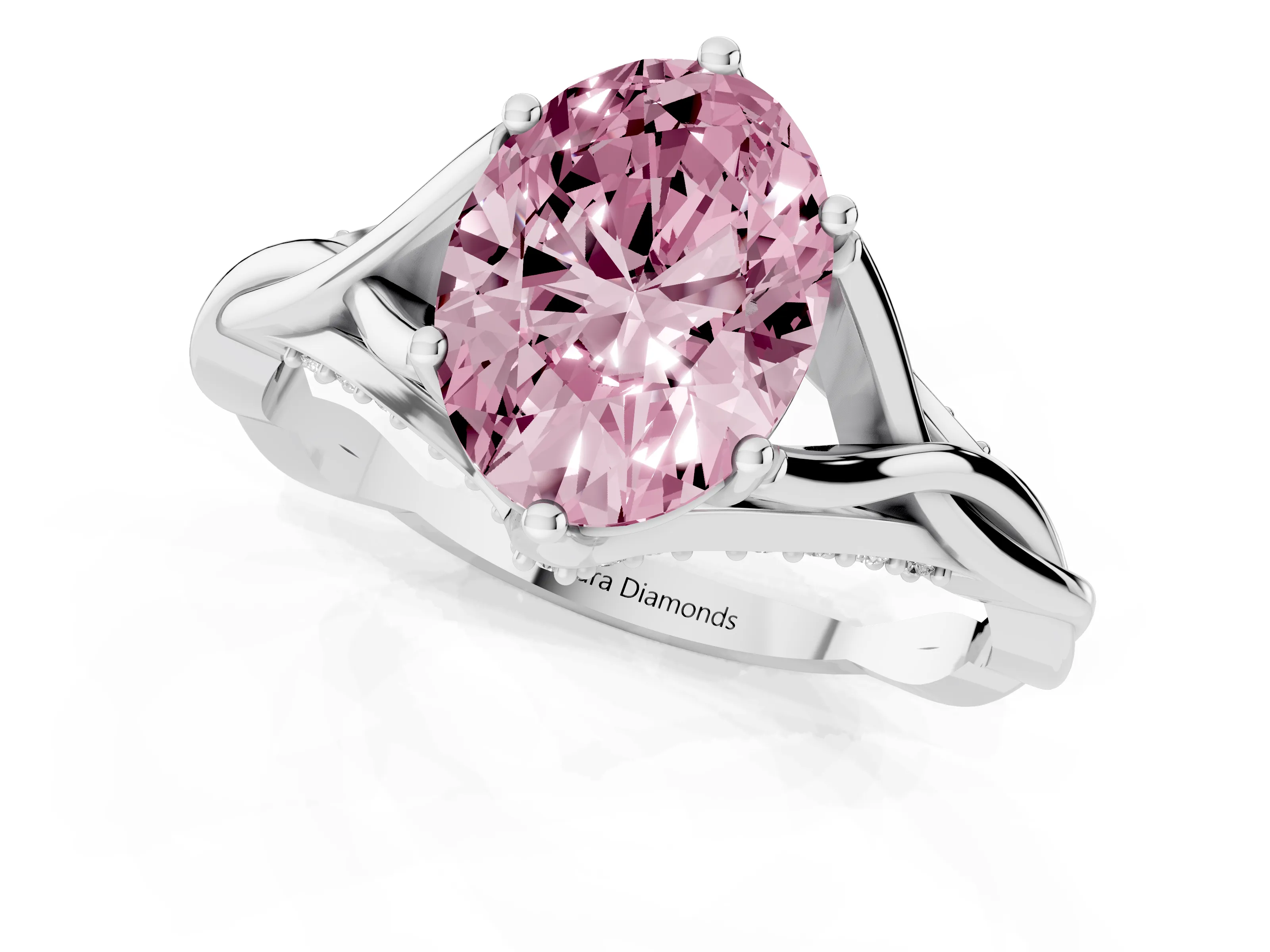 Fancy Pink Oval Cut Diamond Intertwined Twist Band Solitaire Ring Set in White gold with Prong Setting