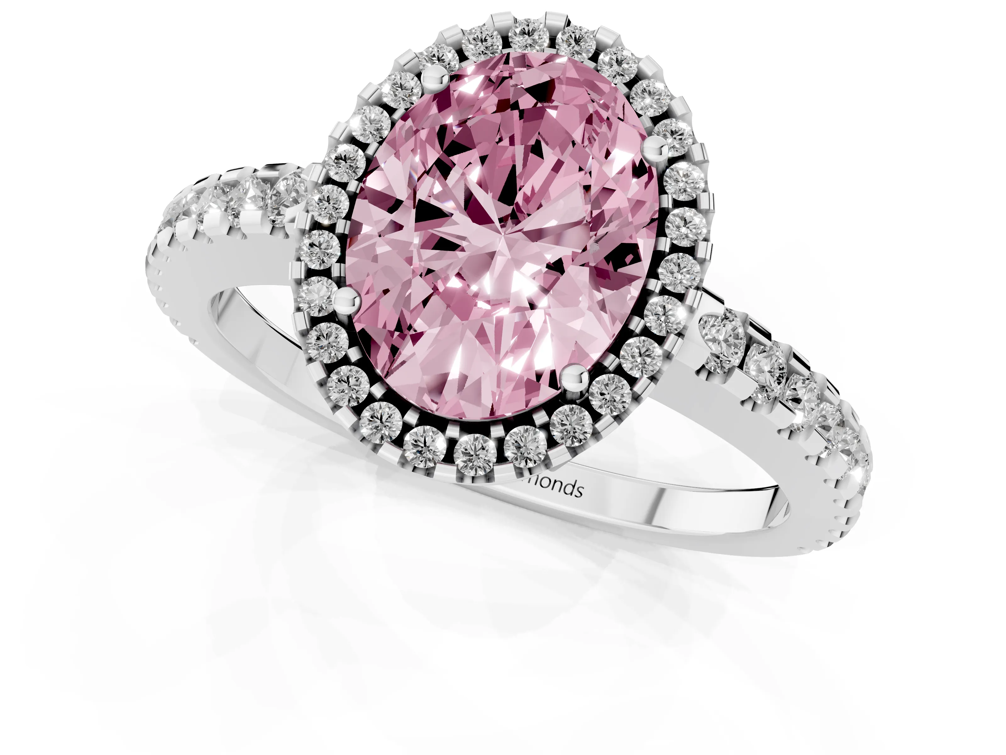 Fancy Pink Oval Cut Diamond Halo Ring Set in Platinum with Pavé Shoulders and Halo-Framed Center – second view