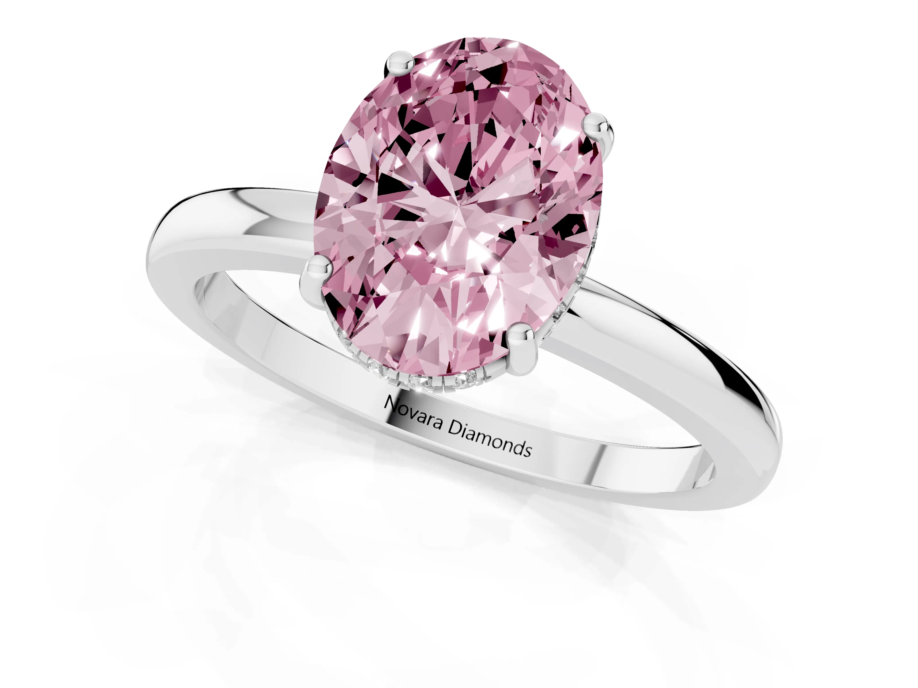 Fancy Pink Oval Cut Diamond Solitaire Ring Set in Silver with Plain Band and Prong Setting
