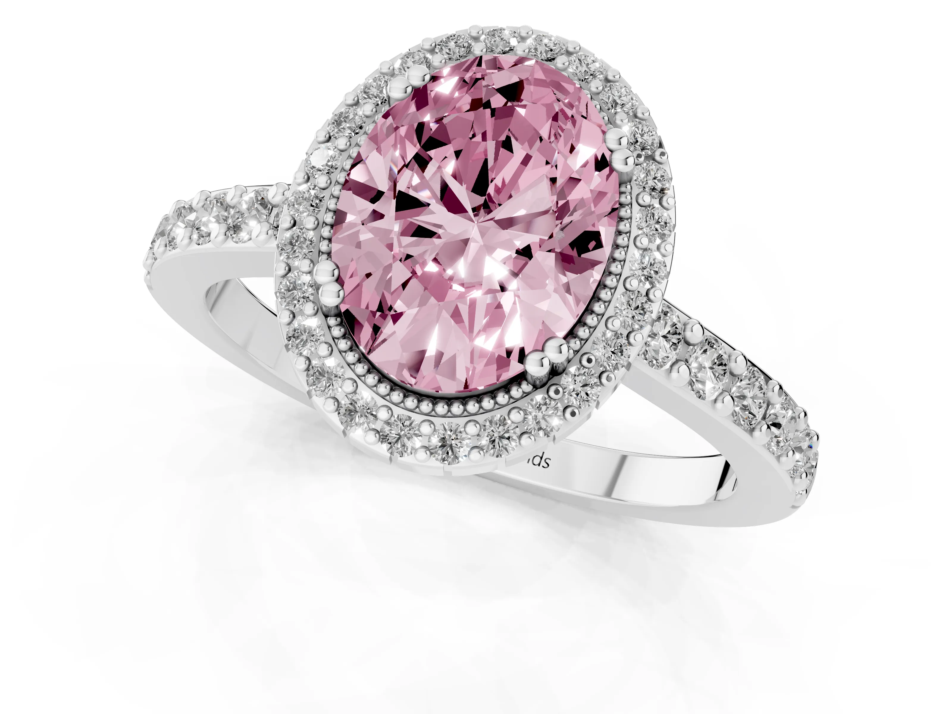 Fancy Pink Oval Cut Diamond Halo Engagement Ring Set in Platinum with Milgrain Detail and Pavé Band