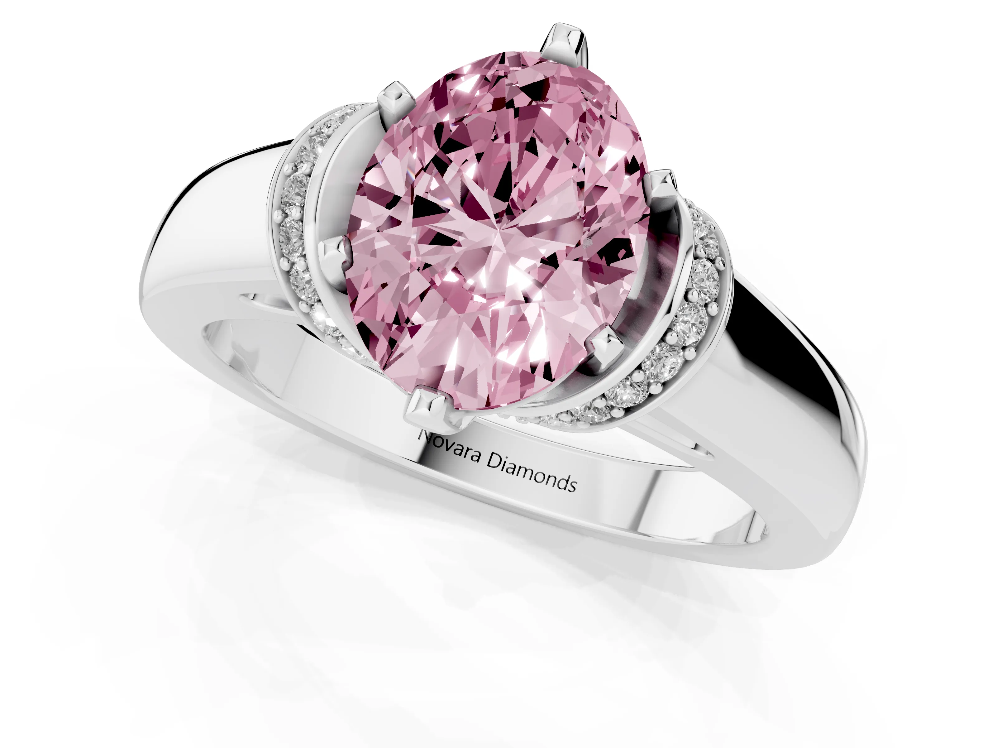 Fancy Pink Oval Cut Diamond Pavé Band Solitaire Ring Set in Silver with Prong Setting