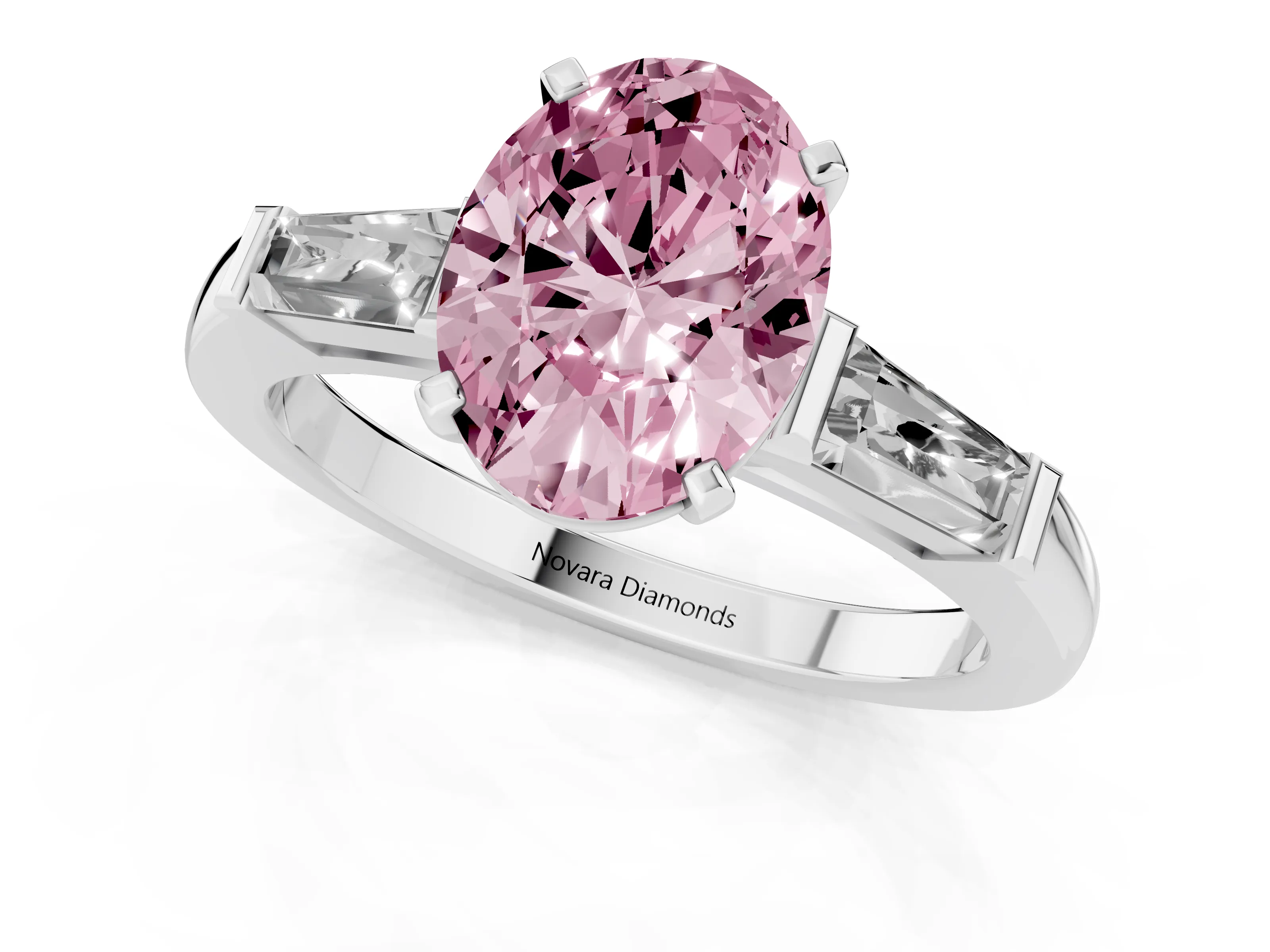 Fancy Pink Oval Cut Diamond Solitaire Ring Set in Platinum with Tapered Baguette Side Stones and Prong Setting