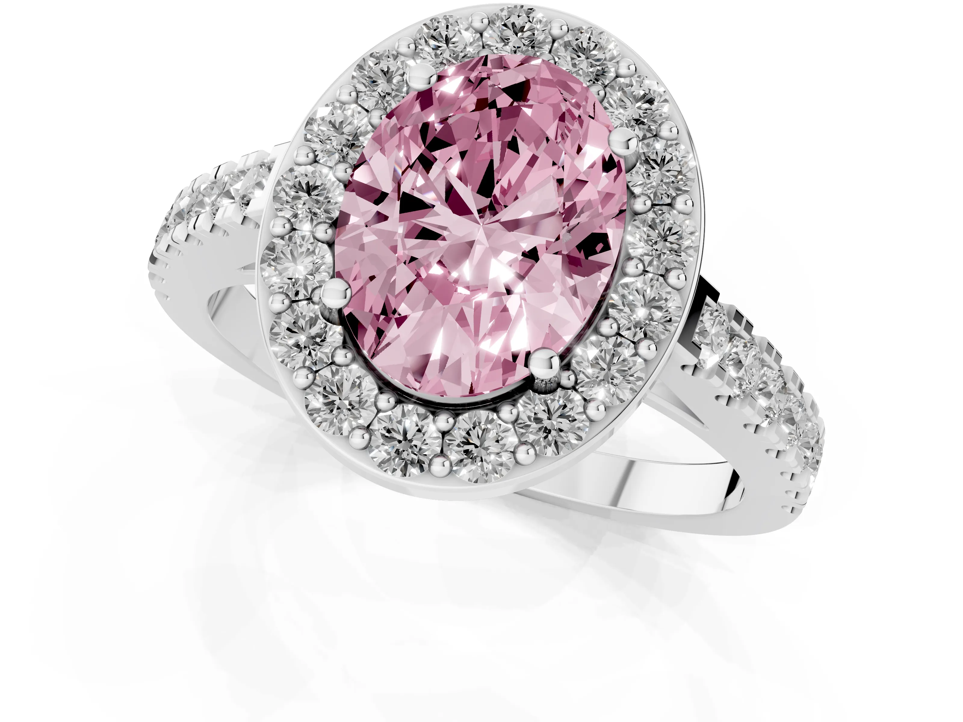 Fancy Pink Oval Cut Diamond Halo Ring Set in Silver with Round Pavé Split Shank and Prong Setting