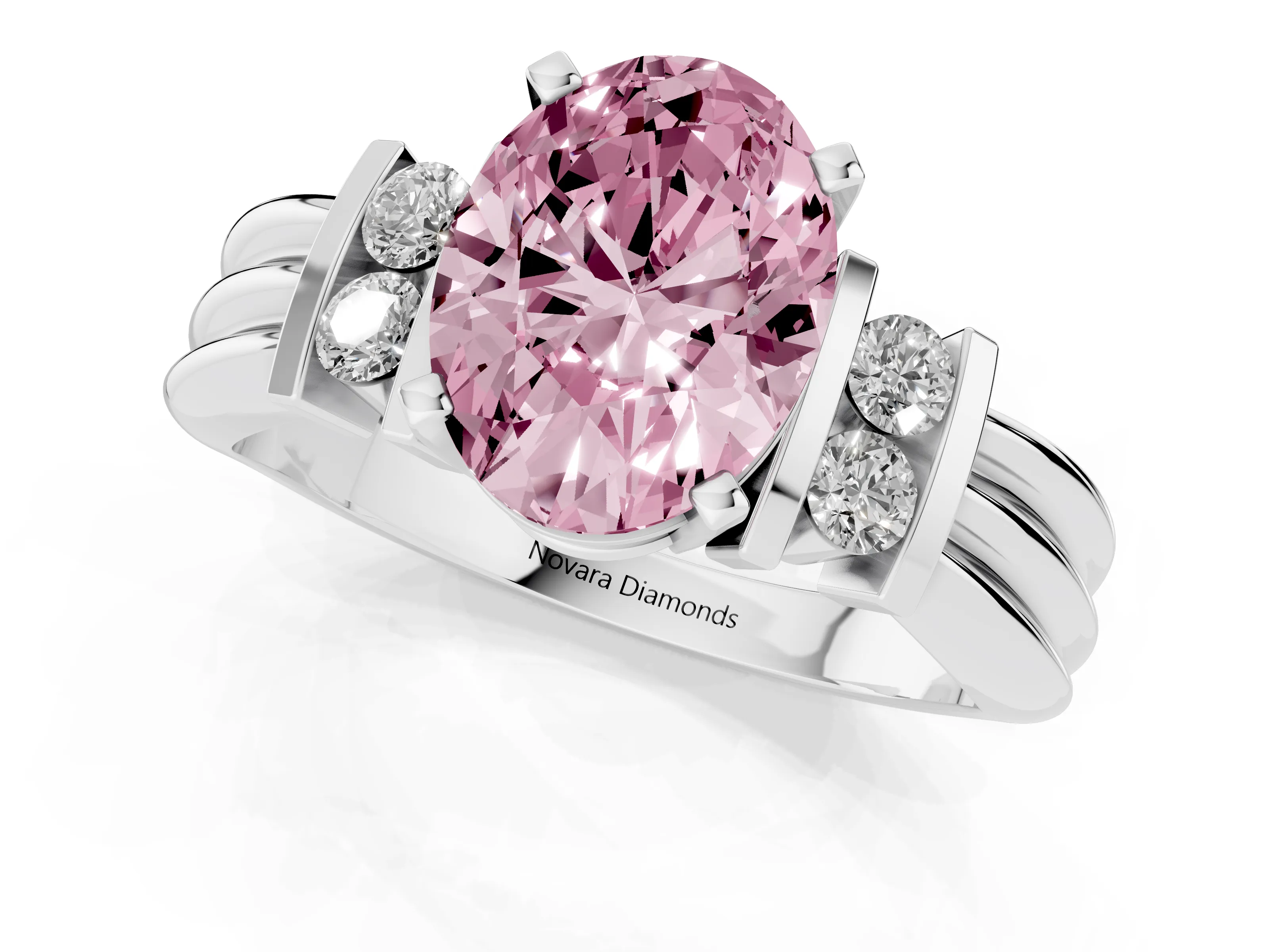Fancy Pink Three-Stone Oval Cut Diamond Channel Set Ring Set in Platinum with Bar Prongs
