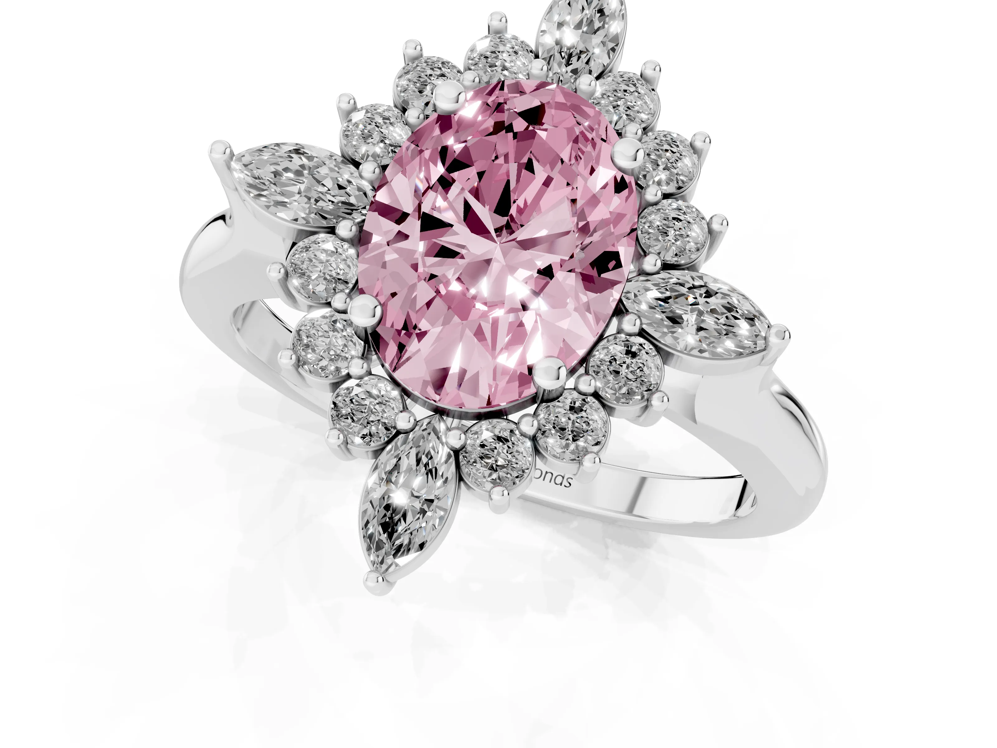 Fancy Pink Oval Cut Diamond Cluster Halo Ring Set in White gold with Marquise and Round Accents