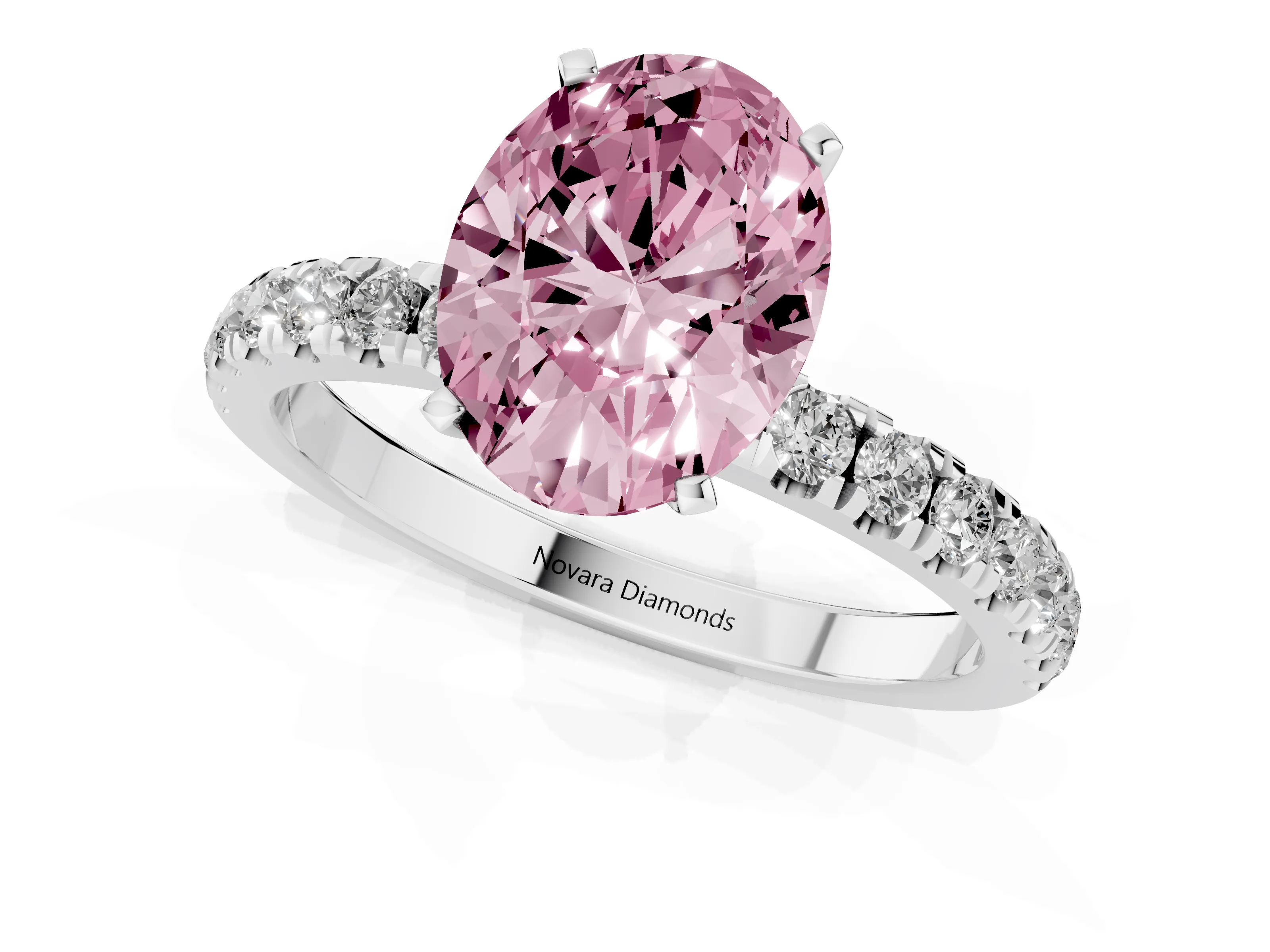 Fancy Pink Oval Cut Diamond Solitaire Ring Set in Platinum with Pavé Accents and Prong Setting