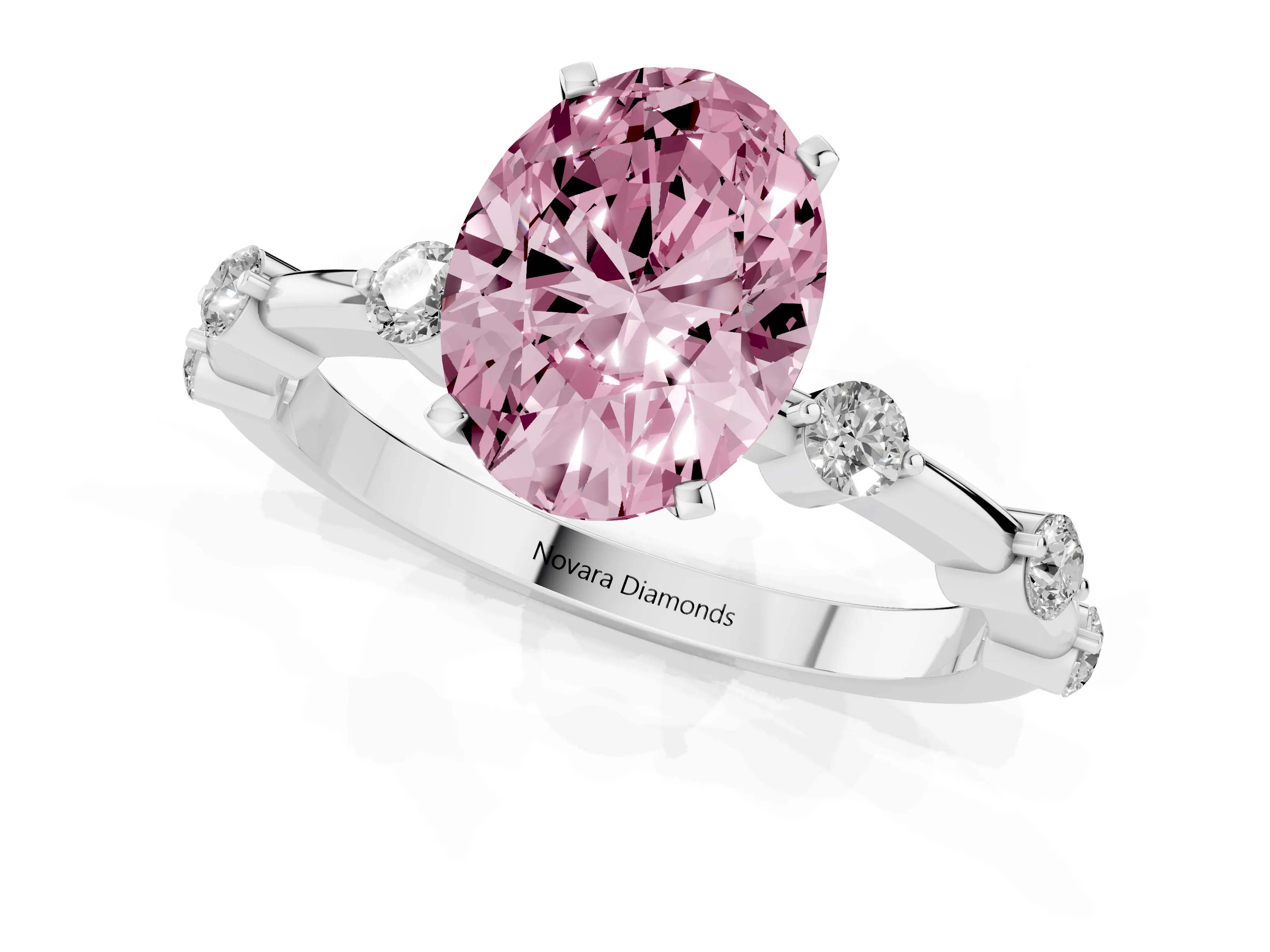 Fancy Pink Oval Cut Diamond Solitaire Ring Set in Silver with Bezel Set Side Stones and Prong Setting