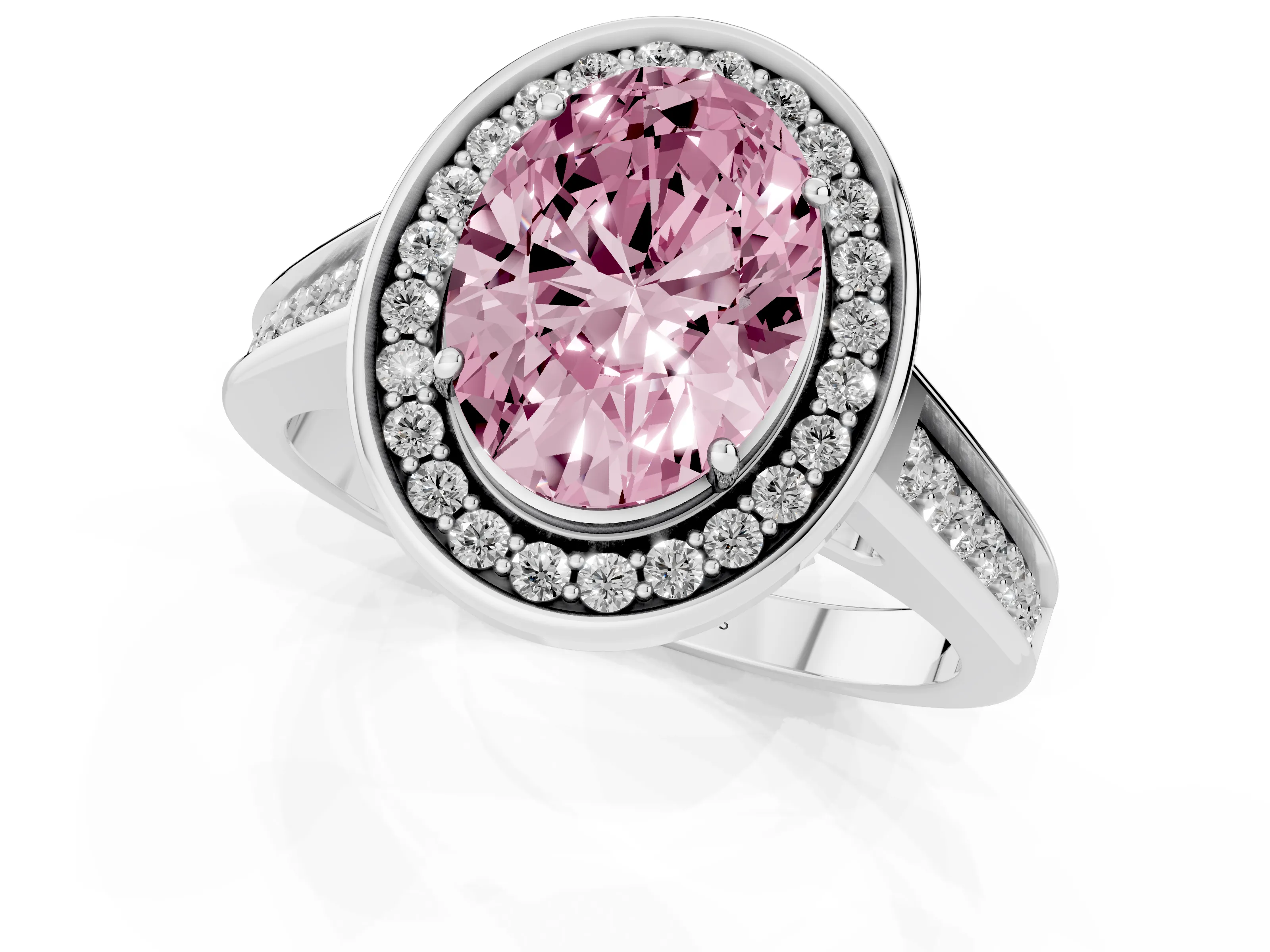 Fancy Pink Oval Cut Diamond Halo Solitaire Ring Set in White gold with Pavé Band and Bezel Setting