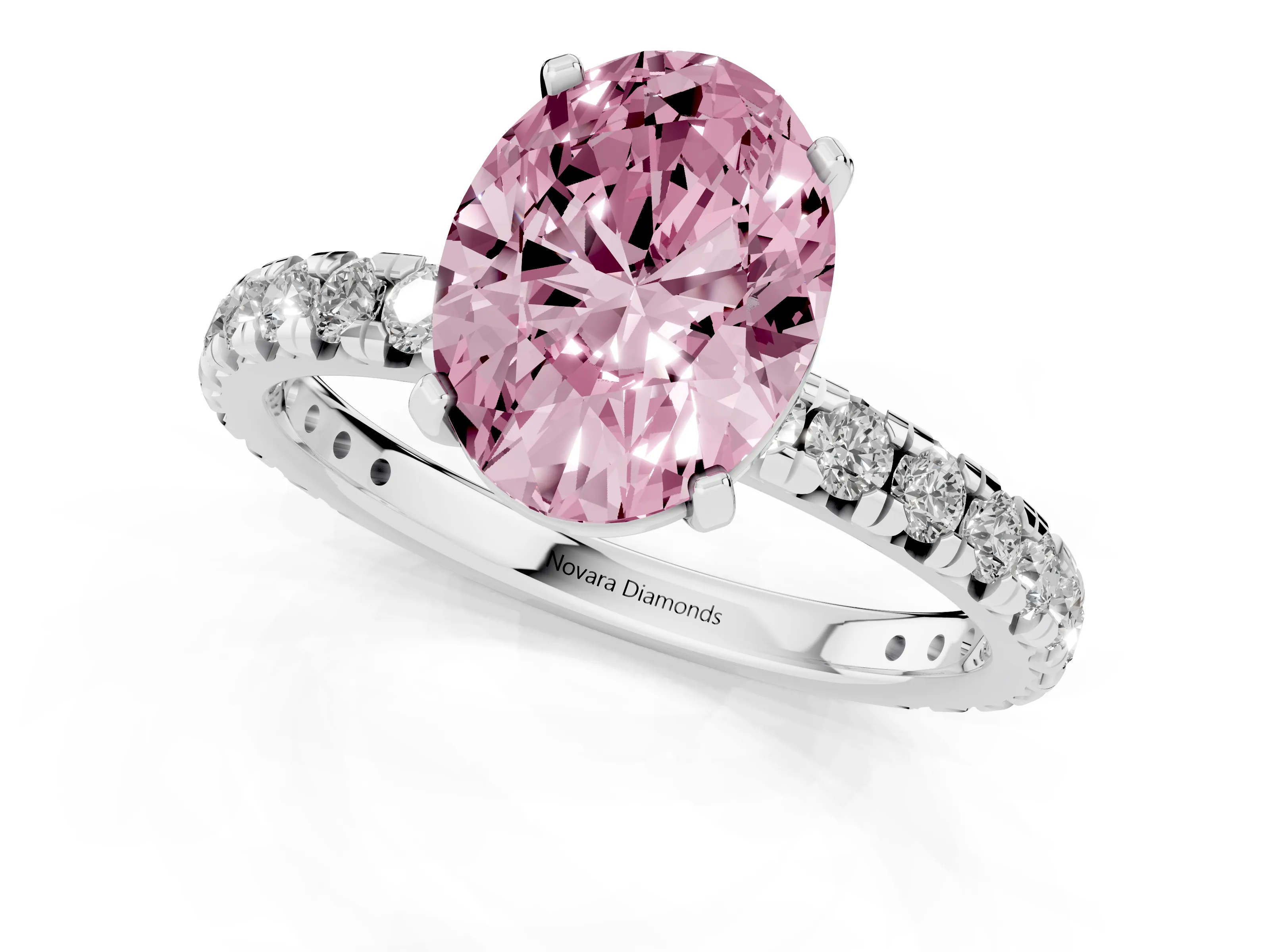 Fancy Pink Oval Cut Diamond Pavé Solitaire Ring Set in Platinum with Round Band and Prong Setting