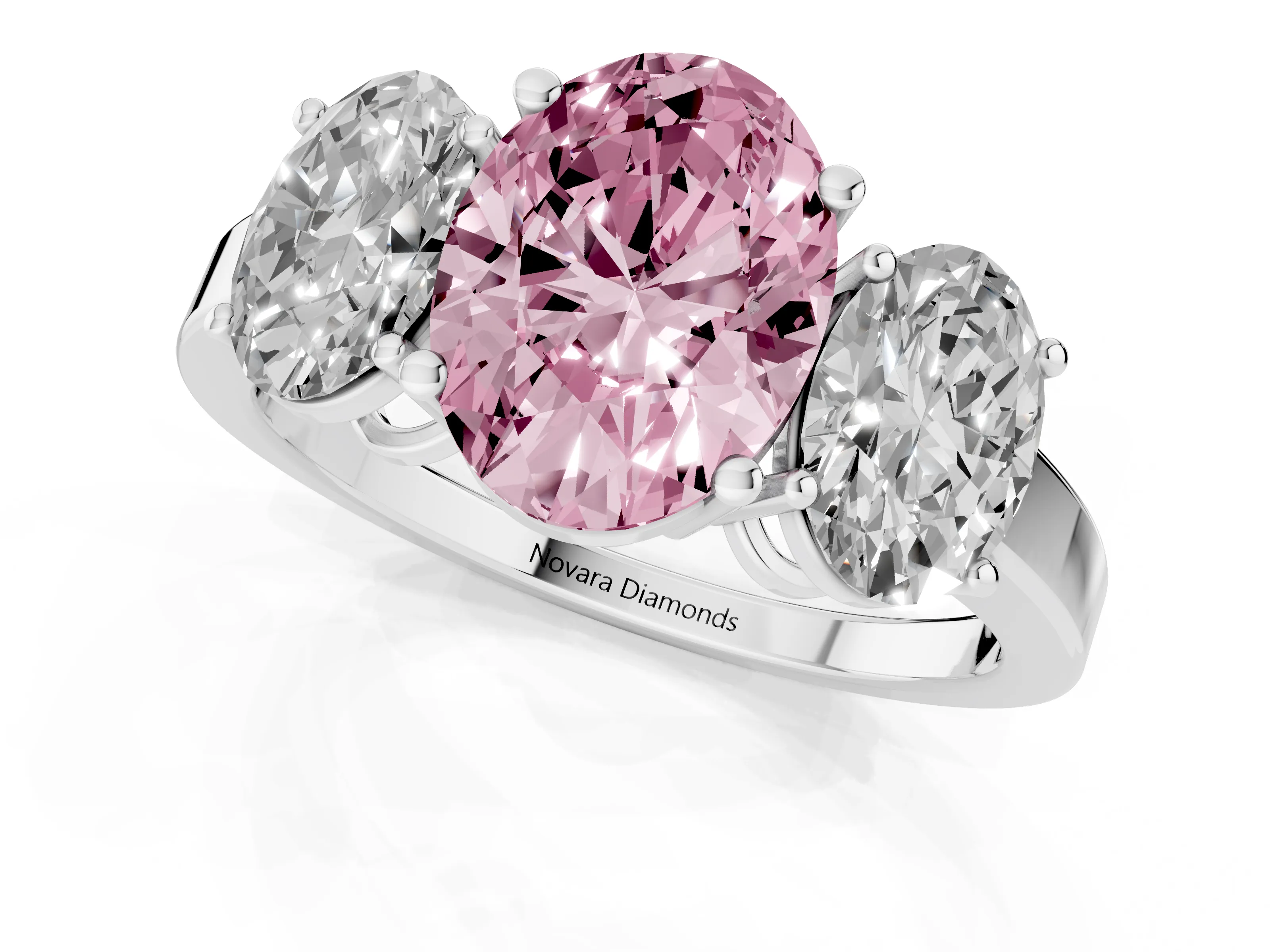 Fancy Pink Oval Cut Diamond Three-Stone Engagement Ring Set in Silver with Flat Band
