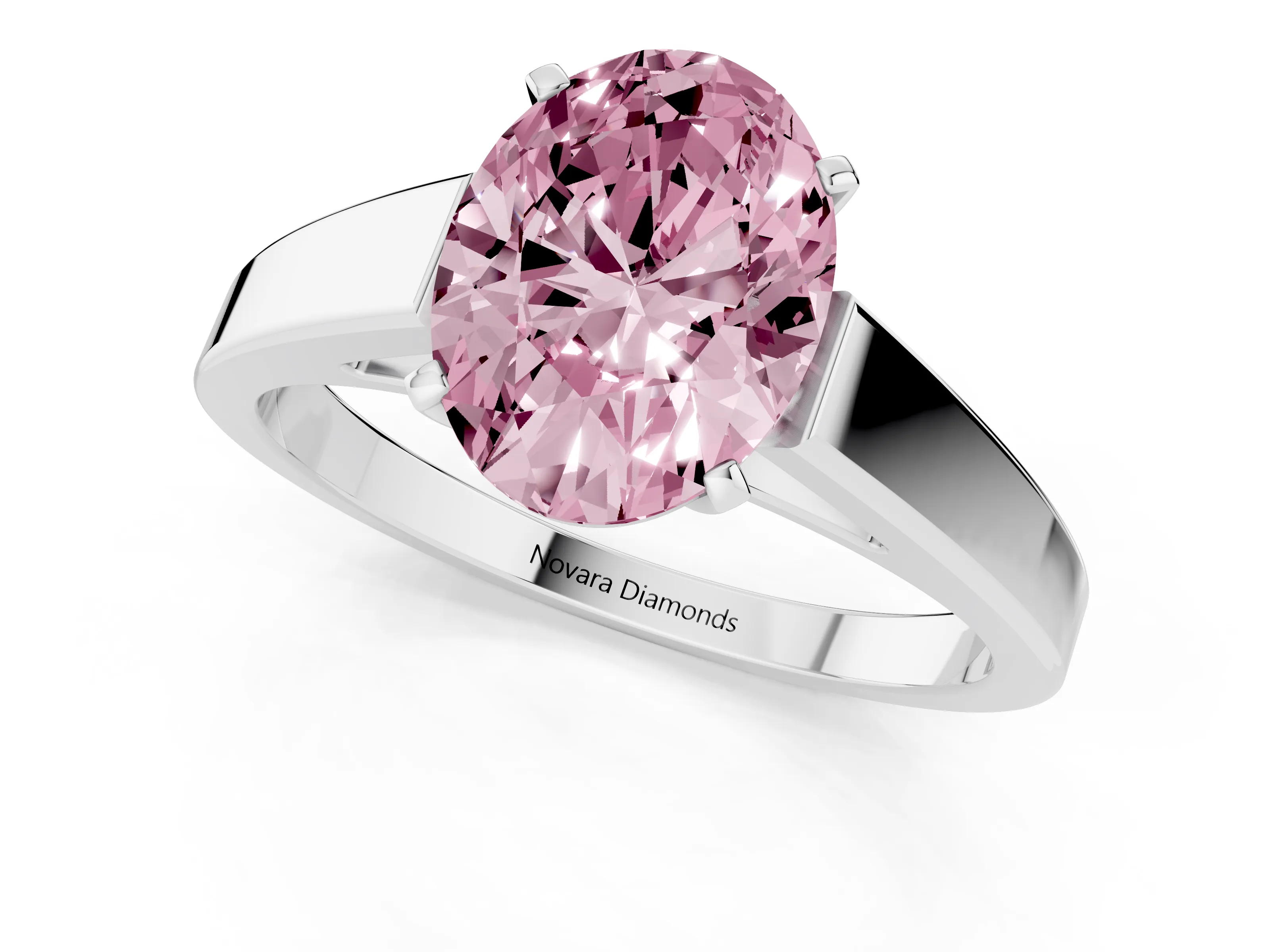 Fancy Pink Oval Cut Diamond Solitaire Engagement Ring Set in White gold with Prong Setting and Tapered Band