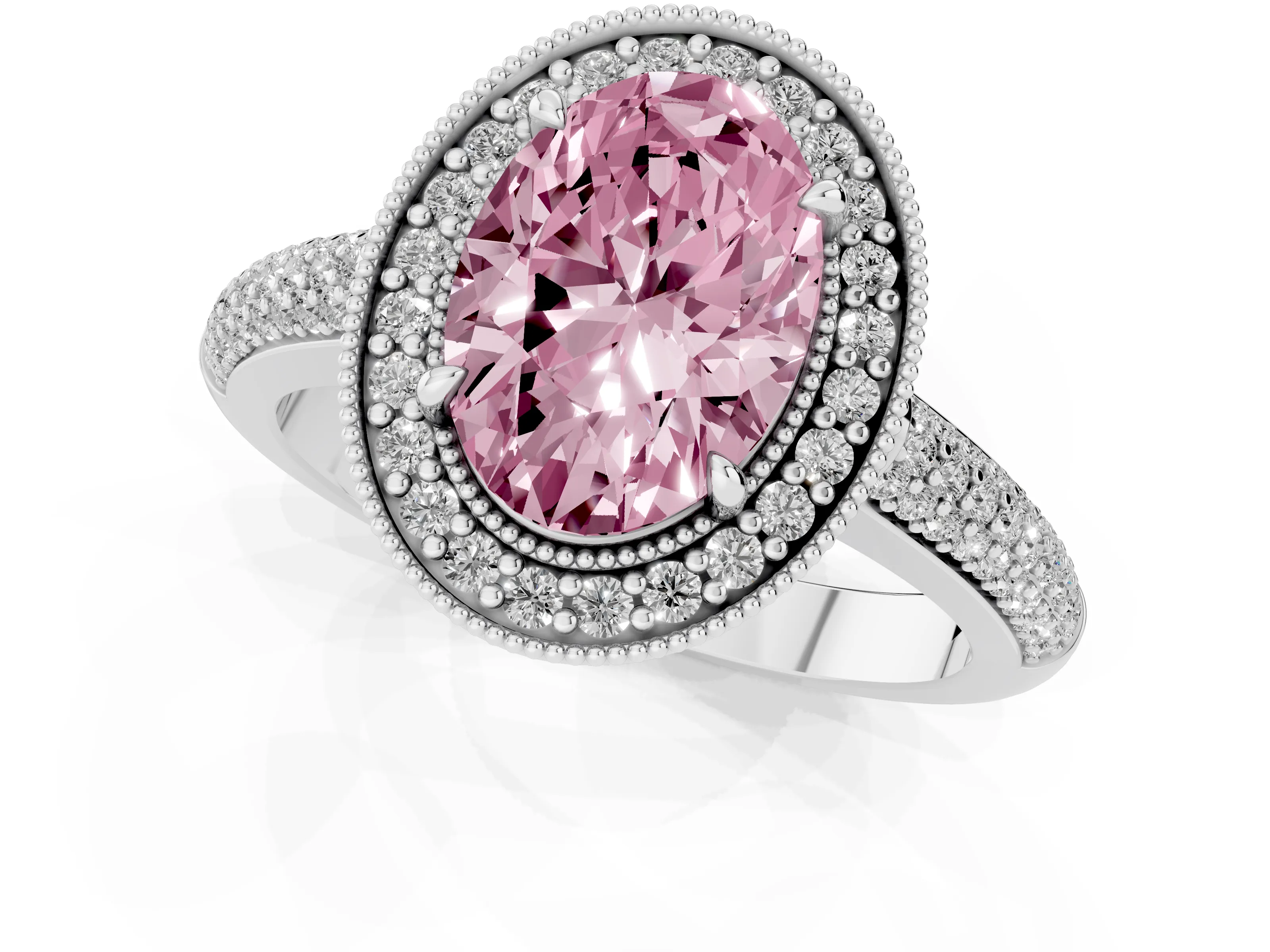 Fancy Pink Oval Cut Diamond Halo Pavé Band Set in Platinum with Prong Setting