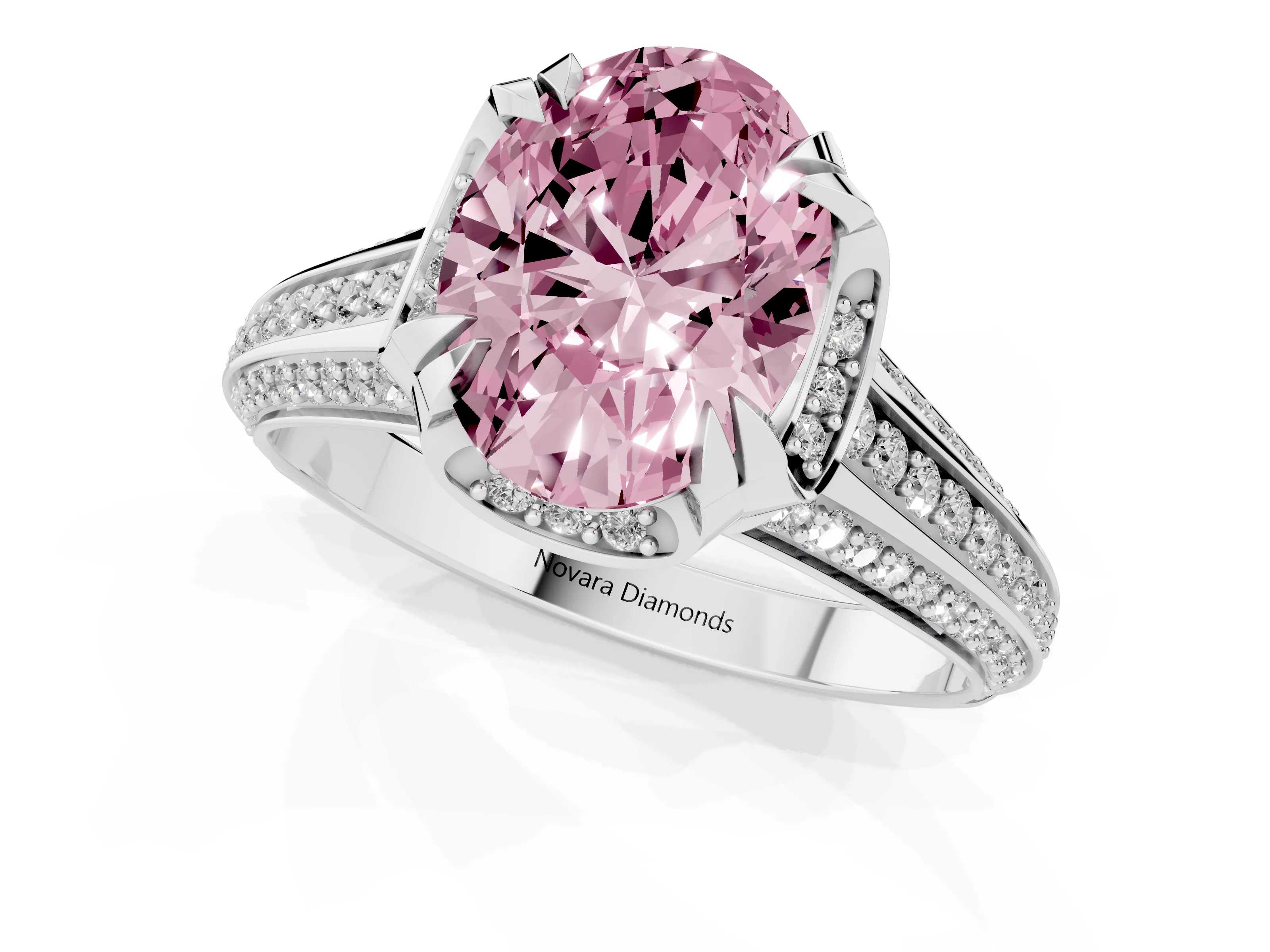 Fancy Pink Oval Cut Diamond Pavé Split Shank Solitaire Ring Set in Platinum with Prong Setting