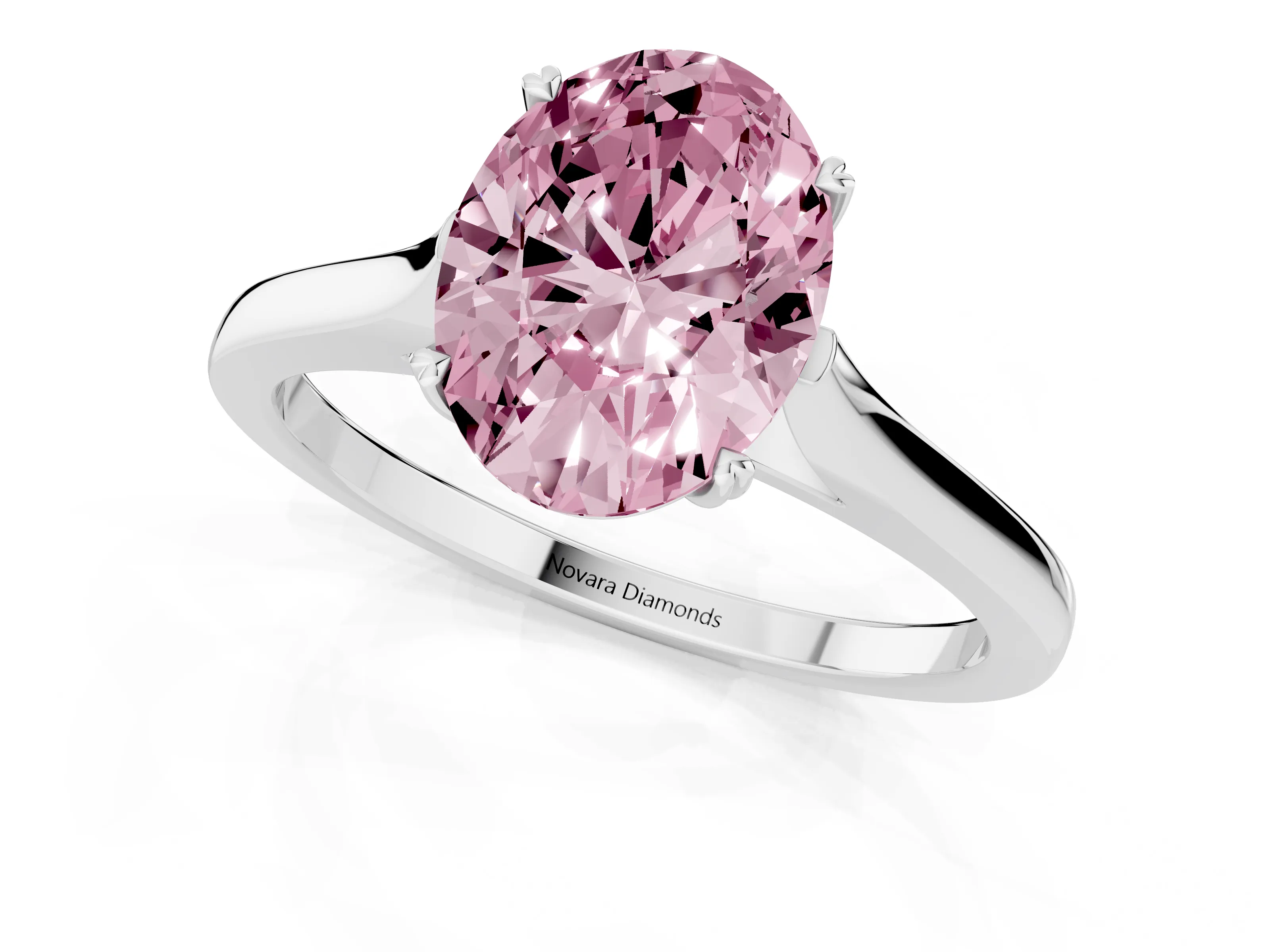 Fancy Pink Oval Cut Diamond Solitaire Heart Prong Engagement Ring Set in Platinum with Tapered Band