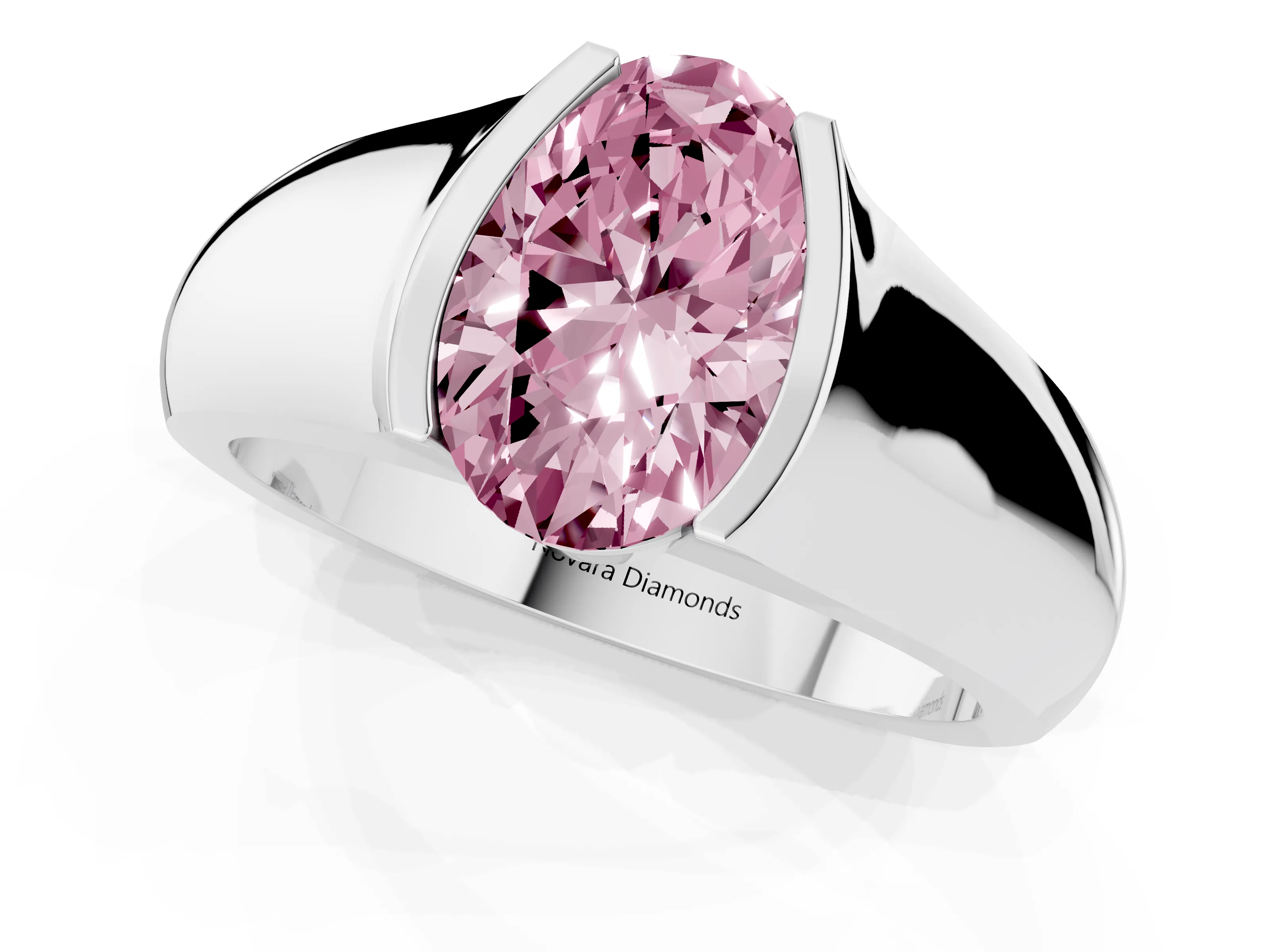 Fancy Pink Oval Cut Diamond Bezel Solitaire Ring Set in White gold with Wide Band