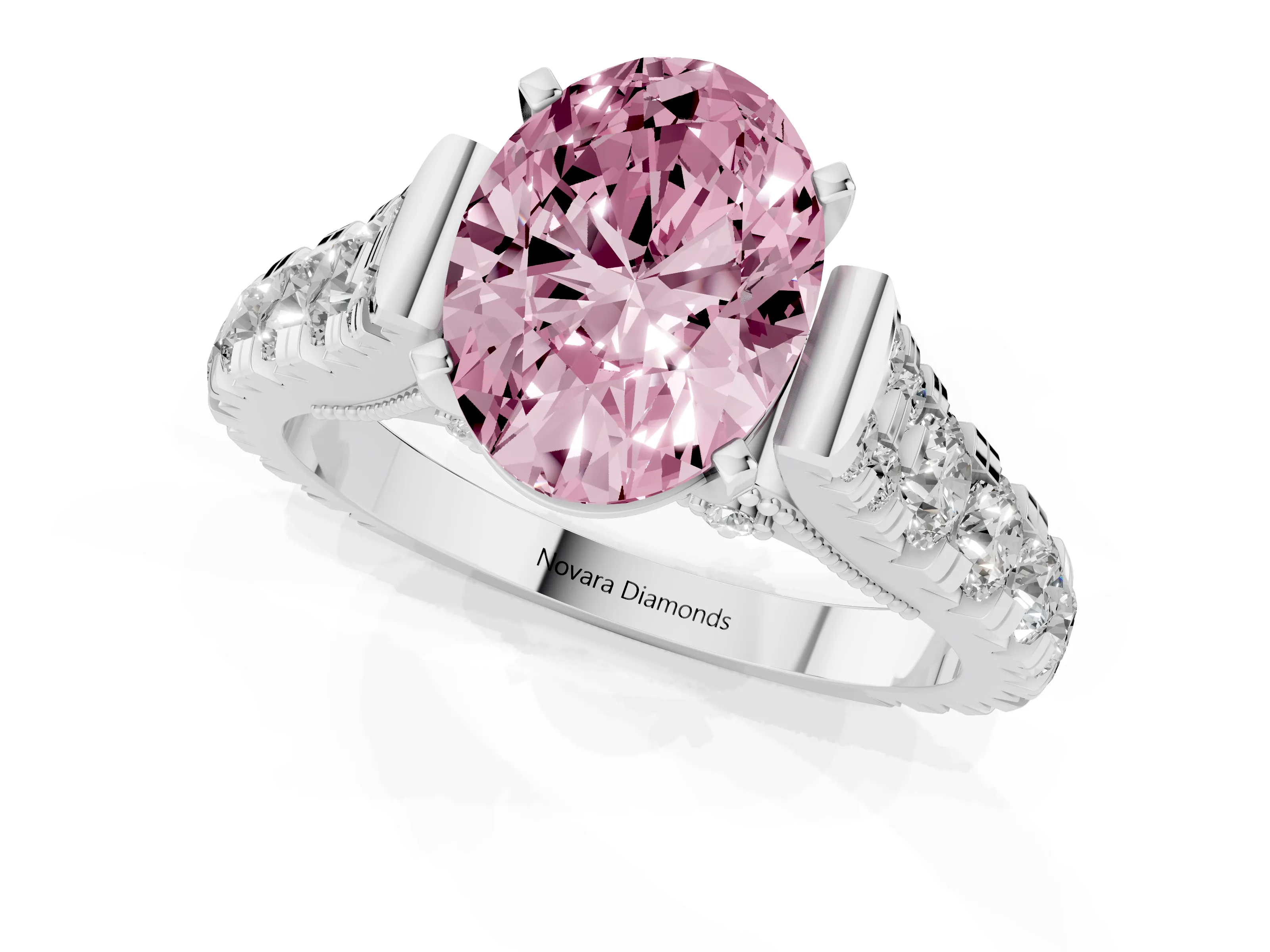 Fancy Pink Oval Cut Diamond Classic Solitaire Ring Set in Platinum with Pavé Band and Prong Setting