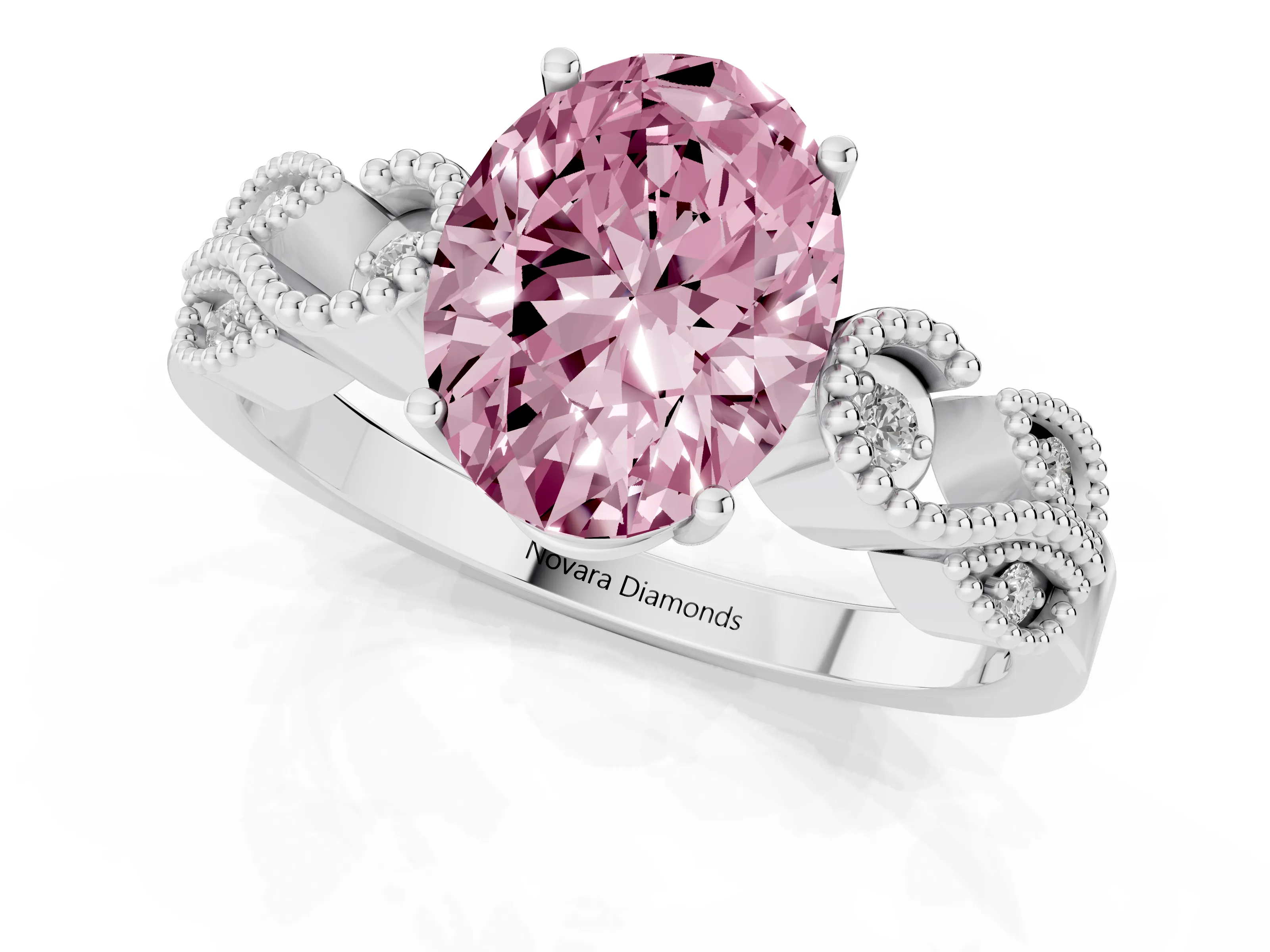 Fancy Pink Oval Cut Diamond Milgrain Leaf Band Solitaire Ring Set in White gold with Accent Stones and Prong Setting