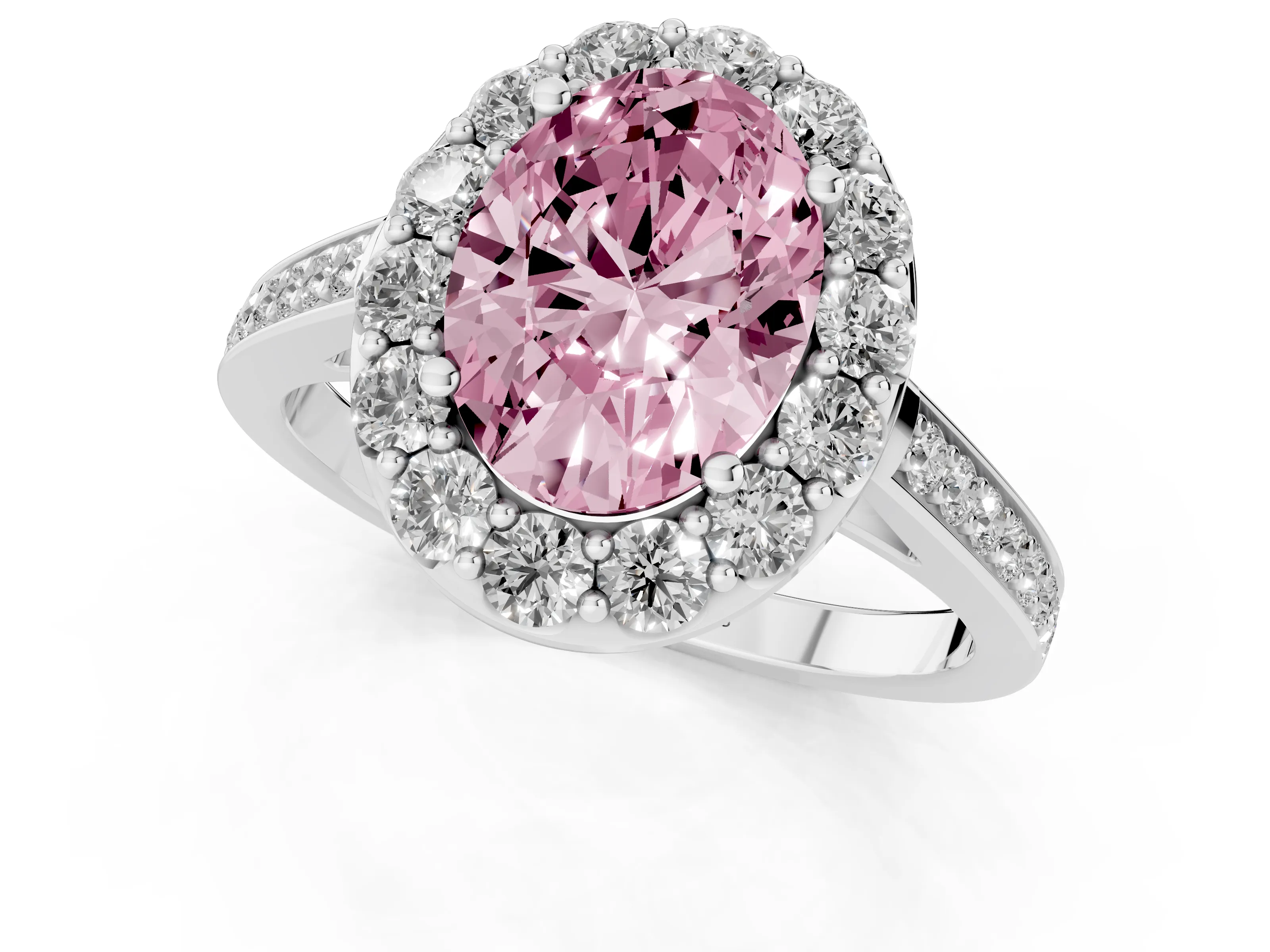 Fancy Pink Oval Cut Diamond Floral Halo Ring Set in White gold with Pavé Band and Prong Setting