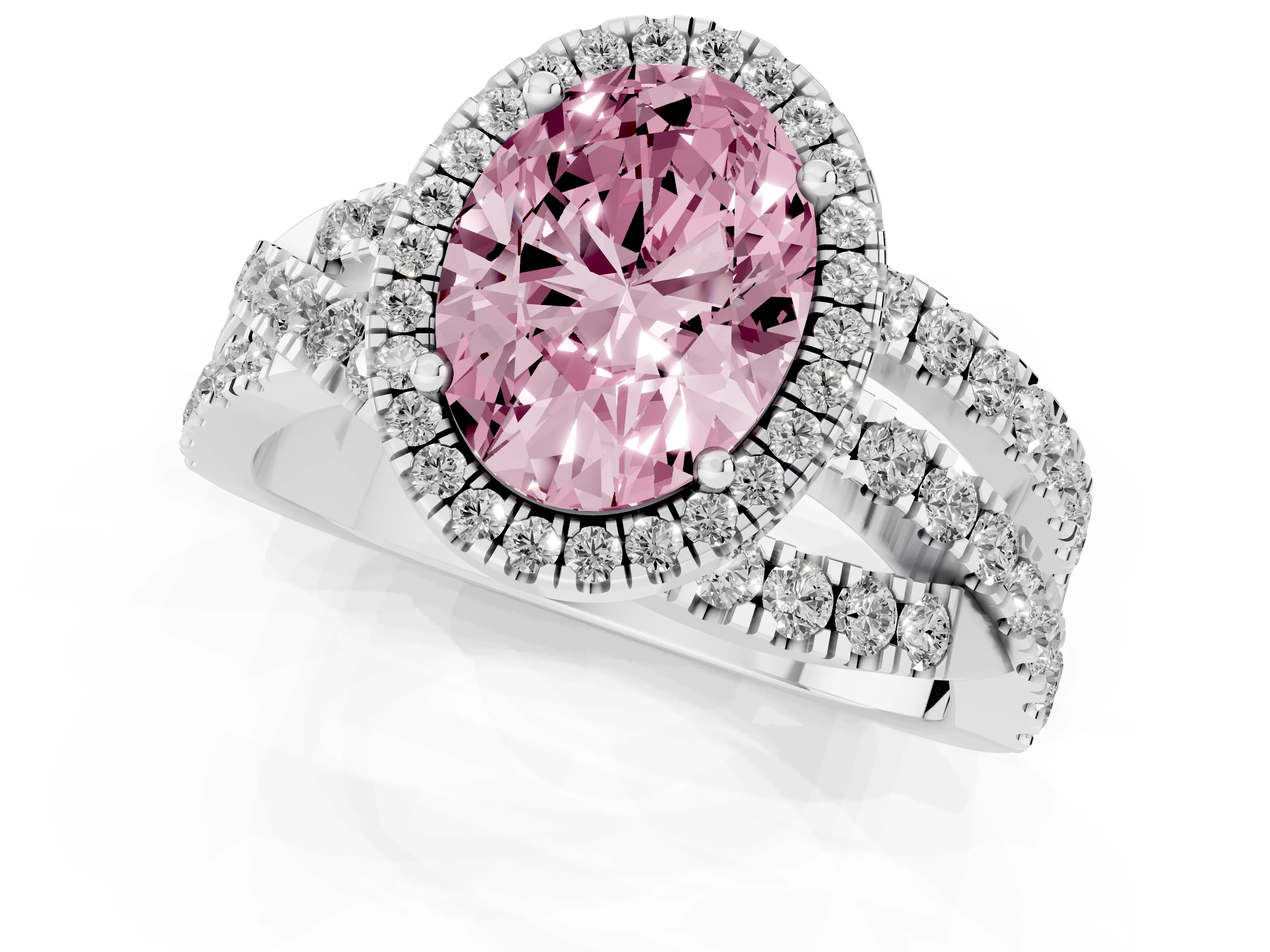 Fancy Pink Oval Cut Diamond Halo Ring Set in Platinum with Round Crossover Split Shank and Prong Setting