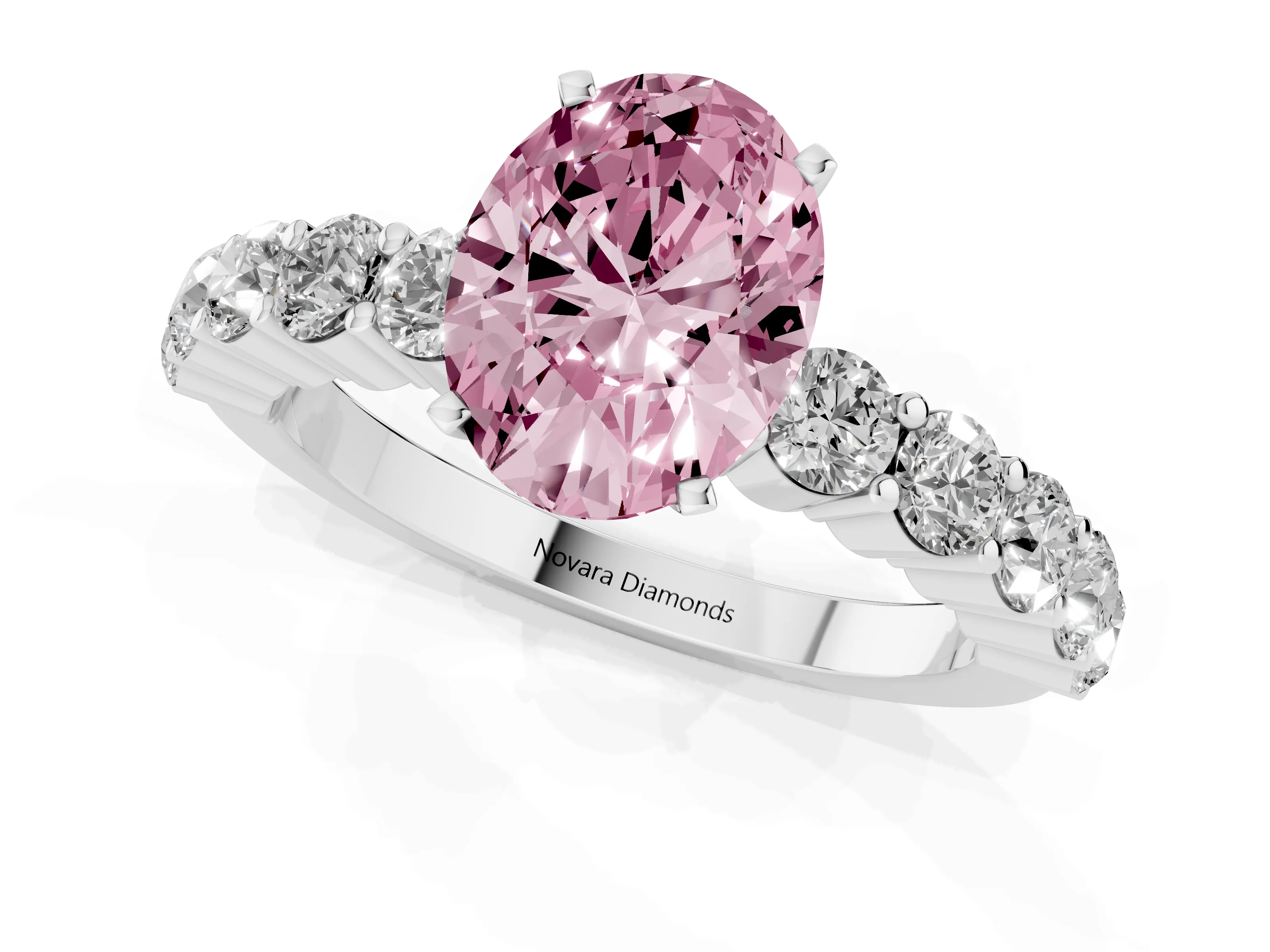 Fancy Pink Oval Cut Diamond Solitaire Ring Set in Platinum with Shared Prong Round Side Stones