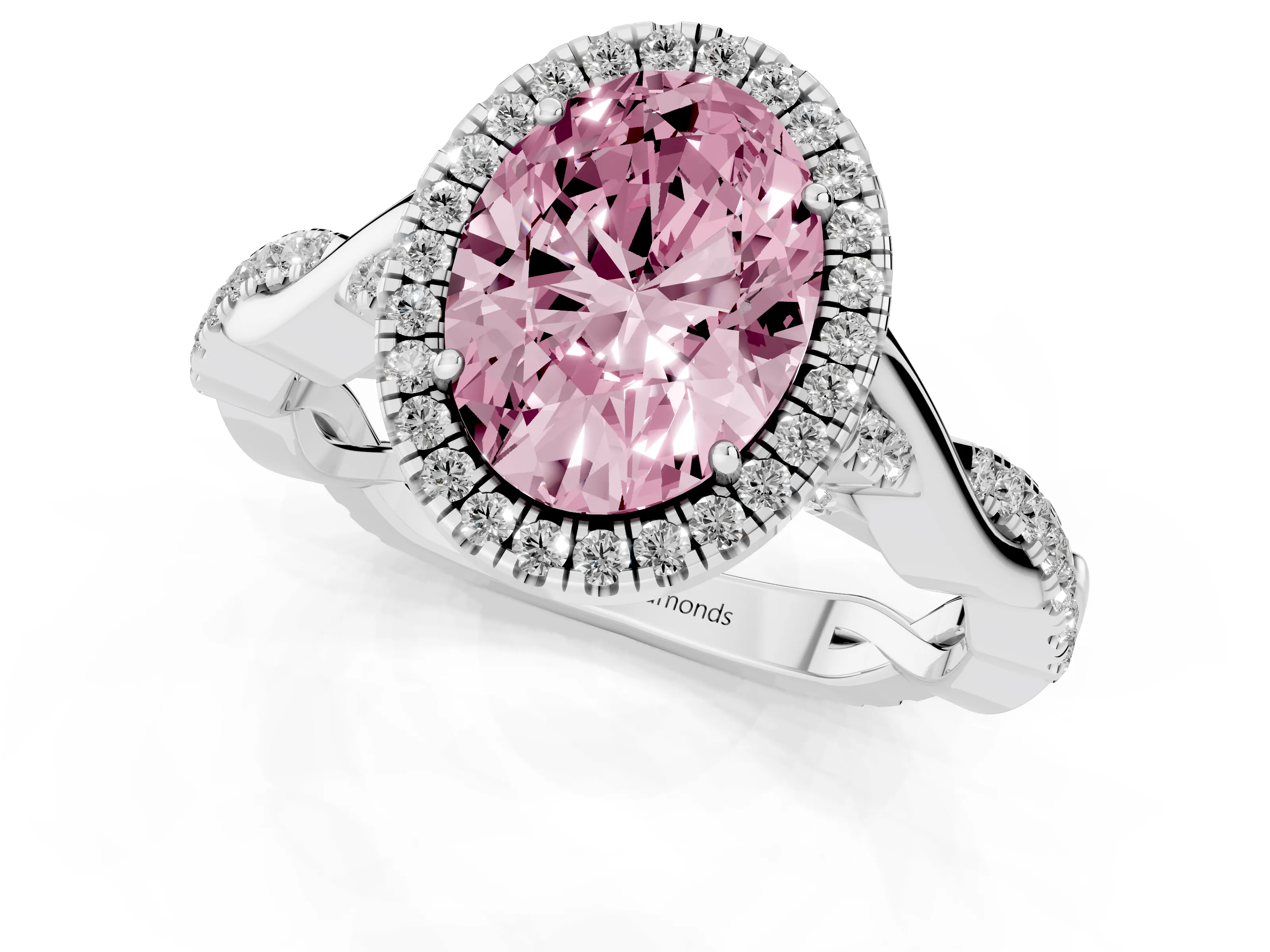 Fancy Pink Oval Cut Diamond Halo Twist Band Solitaire Ring Set in Silver with Prong Setting