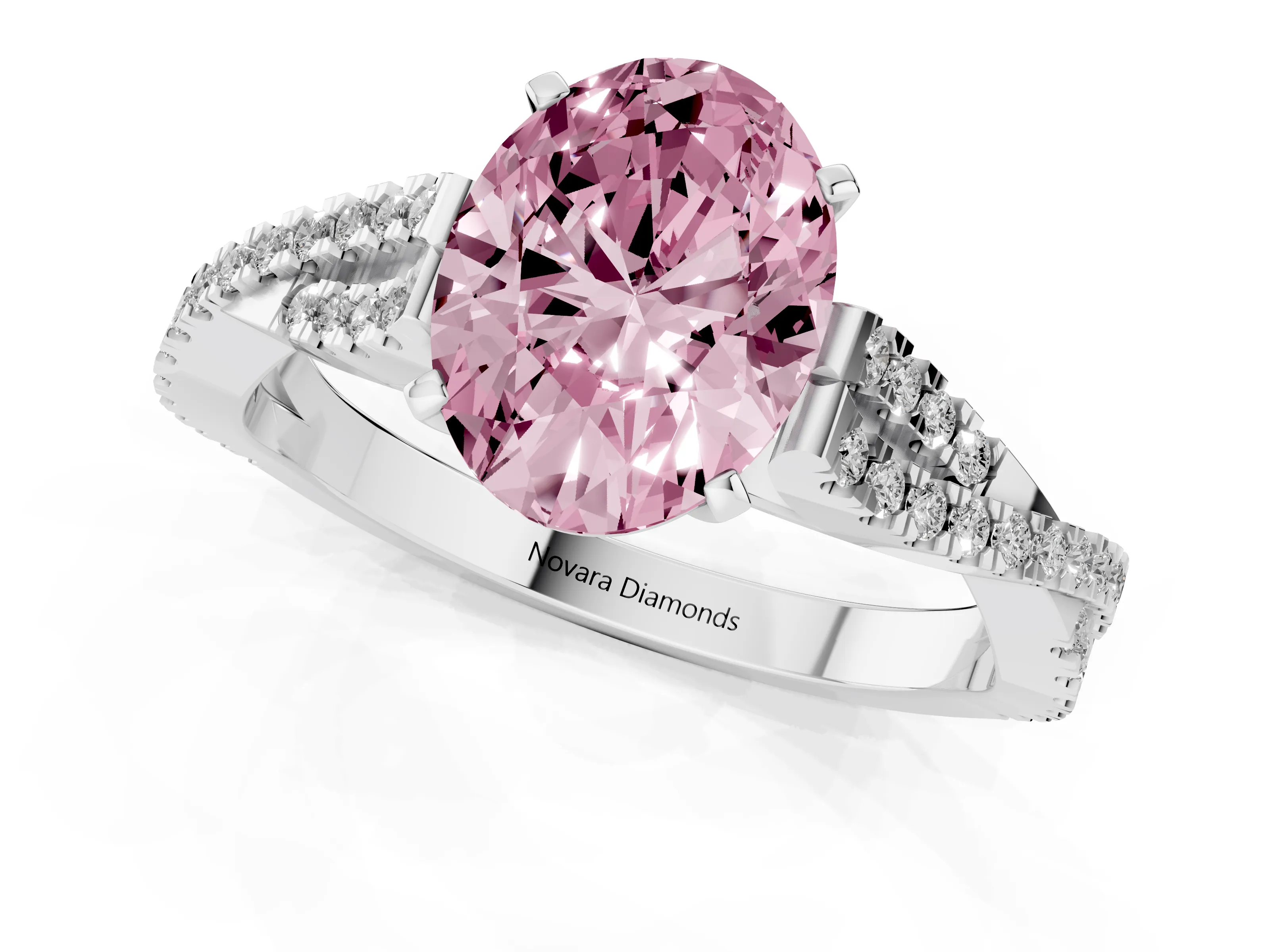 Fancy Pink Oval Cut Diamond Solitaire Engagement Ring Set in Silver with Twisted Pavé Band and Prong Setting
