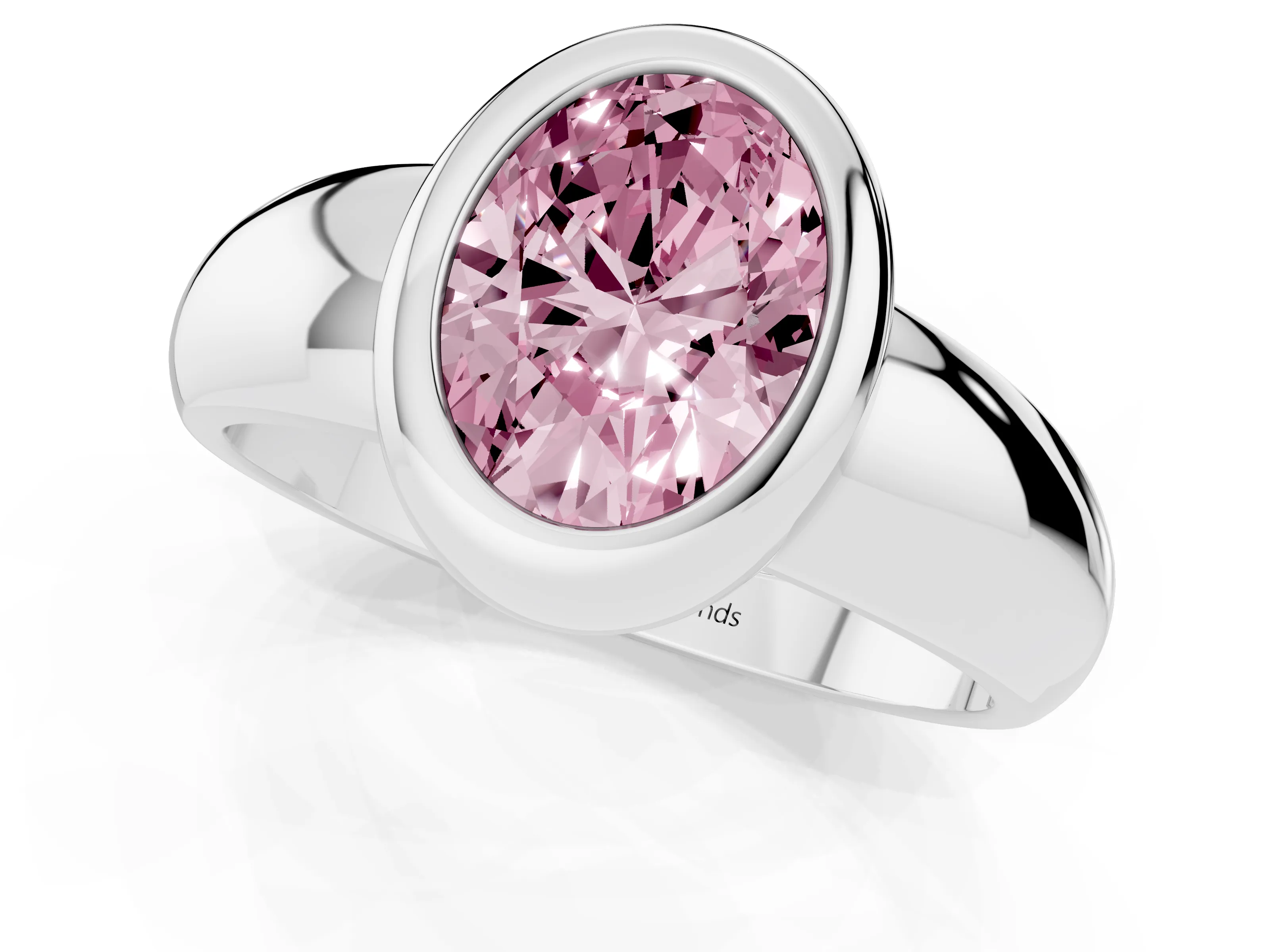 Fancy Pink Bezel Set Oval Cut Diamond Solitaire Ring Set in Silver with Wide Band
