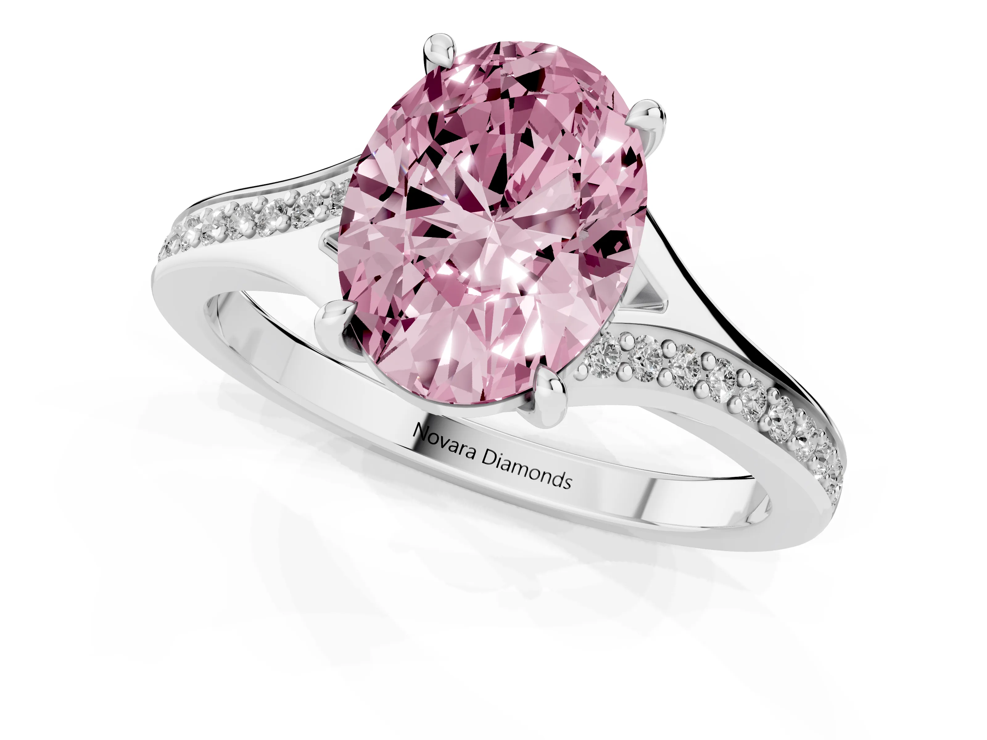 Fancy Pink Oval Cut Diamond Solitaire Ring Set in Platinum with Pavé Accent Band and Classic Prong Setting