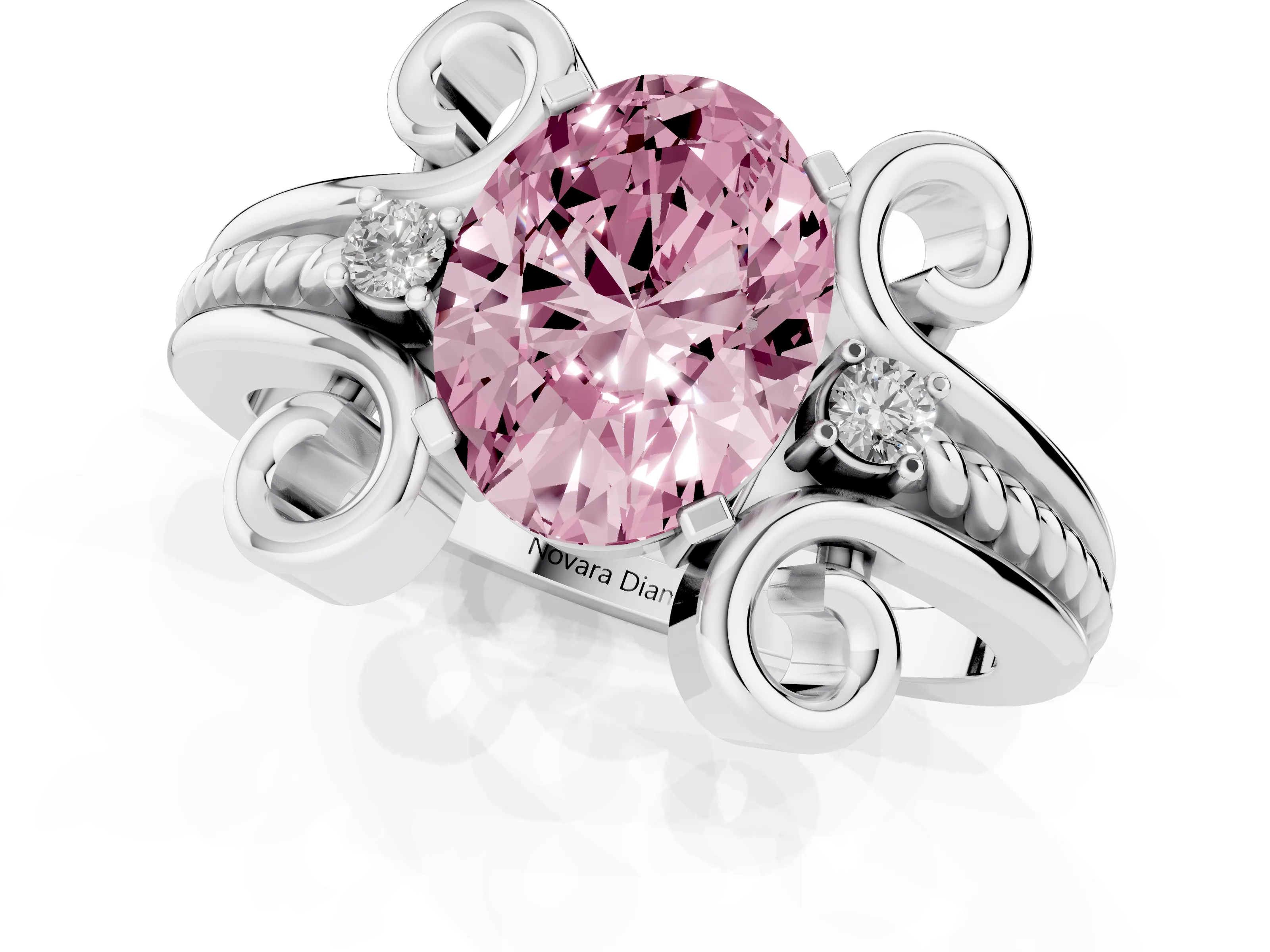Fancy Pink Oval Cut Diamond Twisted Band Solitaire Ring Set in Platinum with Scroll Prongs