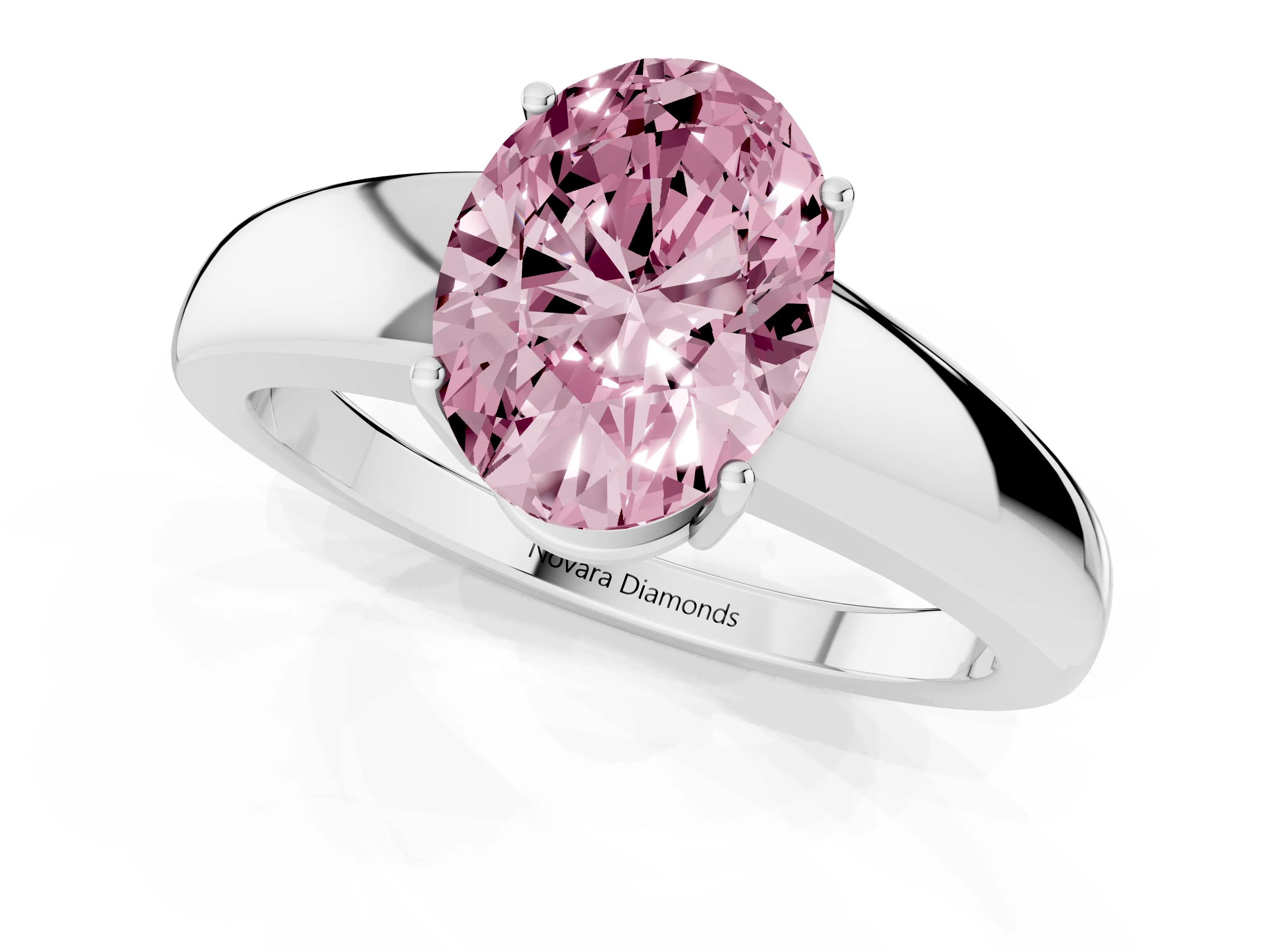 Fancy Pink Oval Cut Diamond Solitaire Ring Set in Silver with Tapered Band and Prong Setting