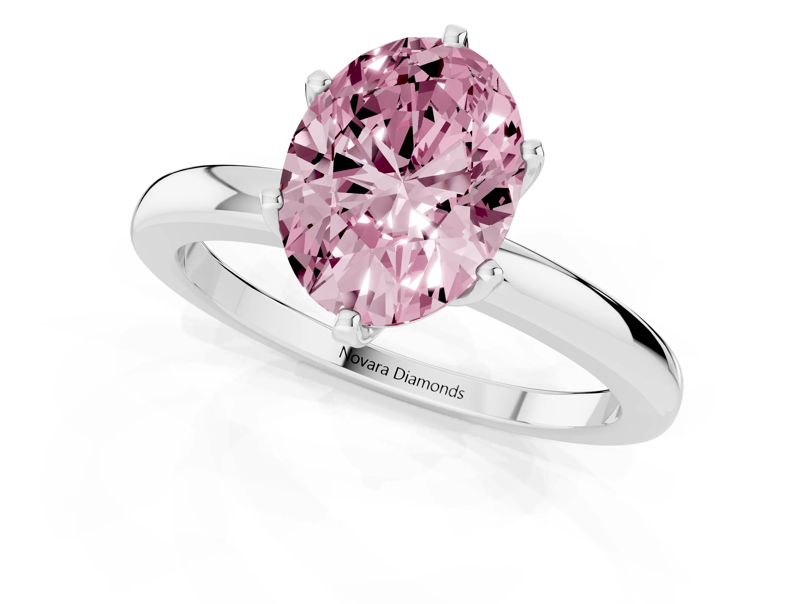 Fancy Pink Oval Cut Diamond Solitaire Ring Set in White gold with Raised Prong Setting on a Classic Band