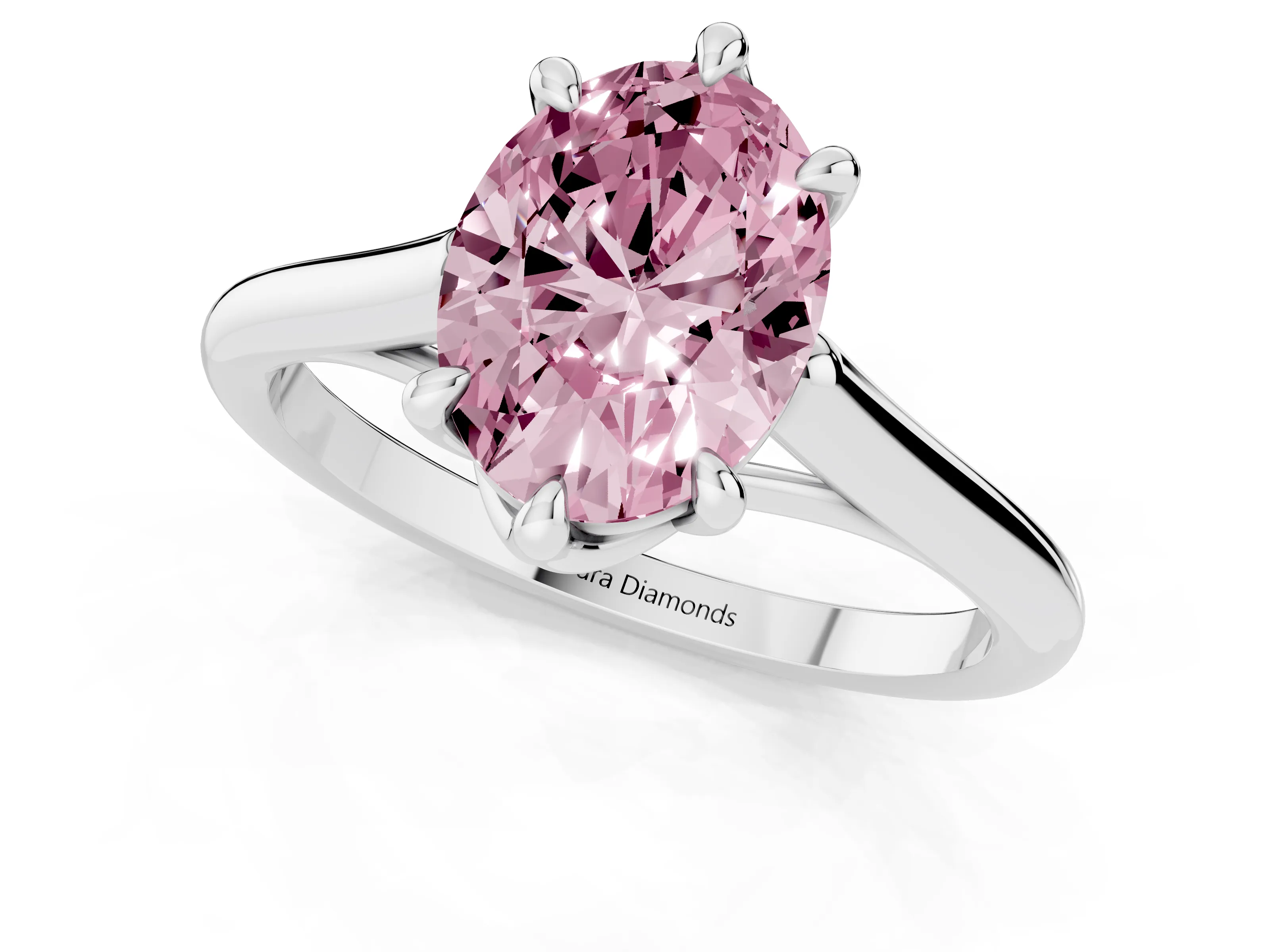 Fancy Pink Oval Cut Diamond Solitaire Engagement Ring Set in Platinum with Prong Setting and Plain Classic Band