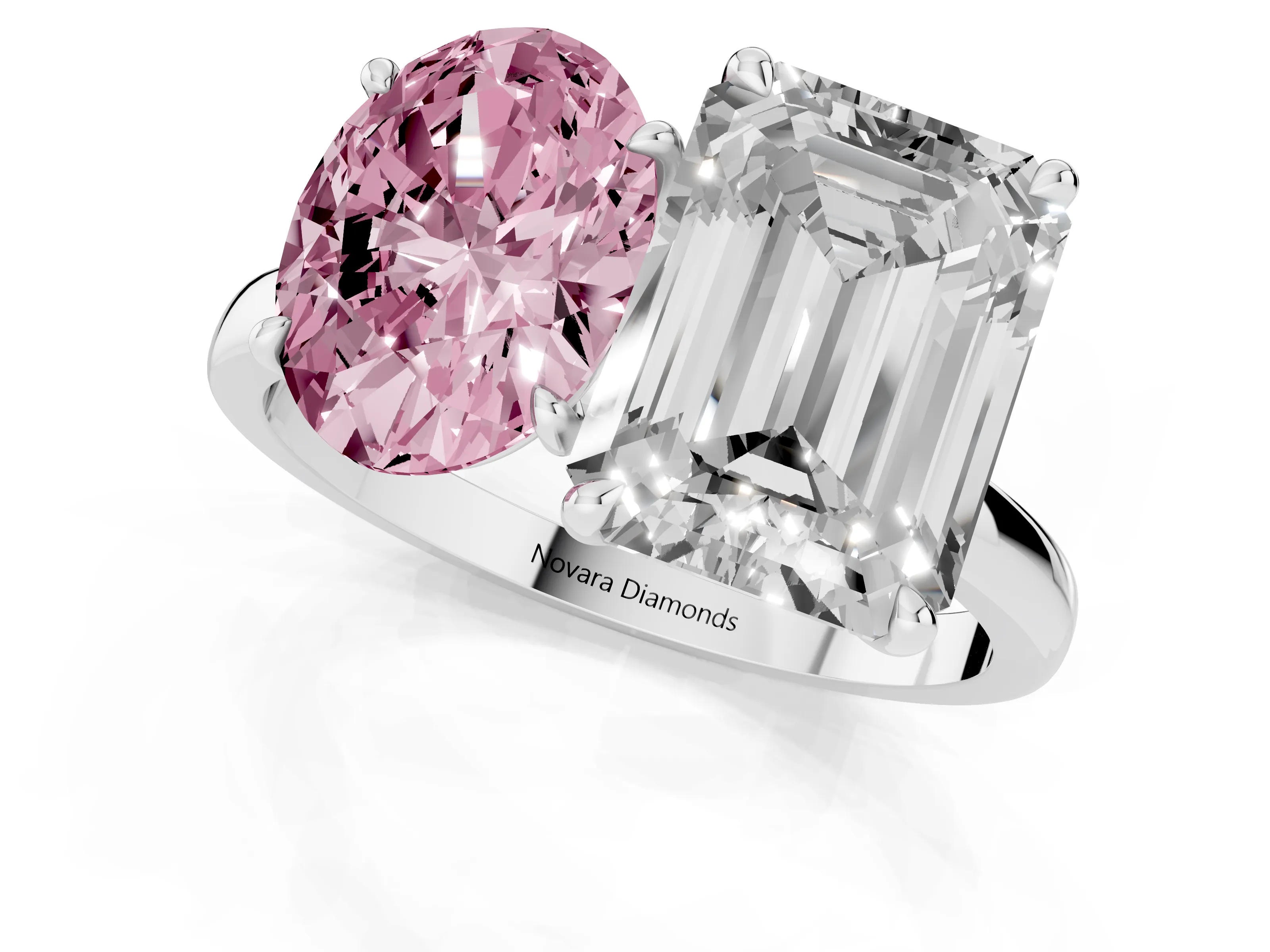 Fancy Pink Oval Cut and Emerald Cut Toi Moi Ring Set in Platinum with Prong Setting