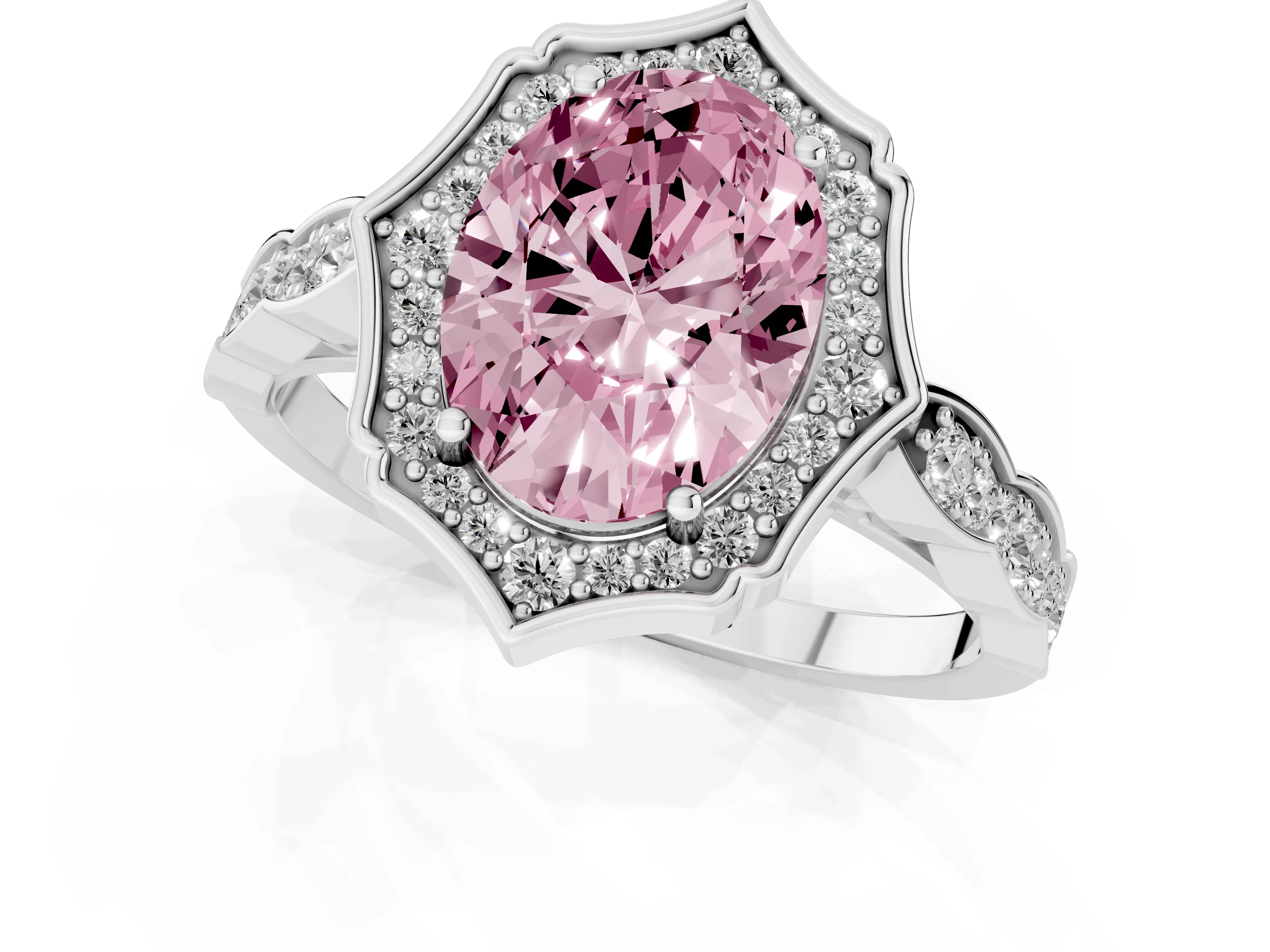 Fancy Pink Oval Cut Diamond Halo Engagement Ring Set in White gold with Milgrain Band and Prong Setting