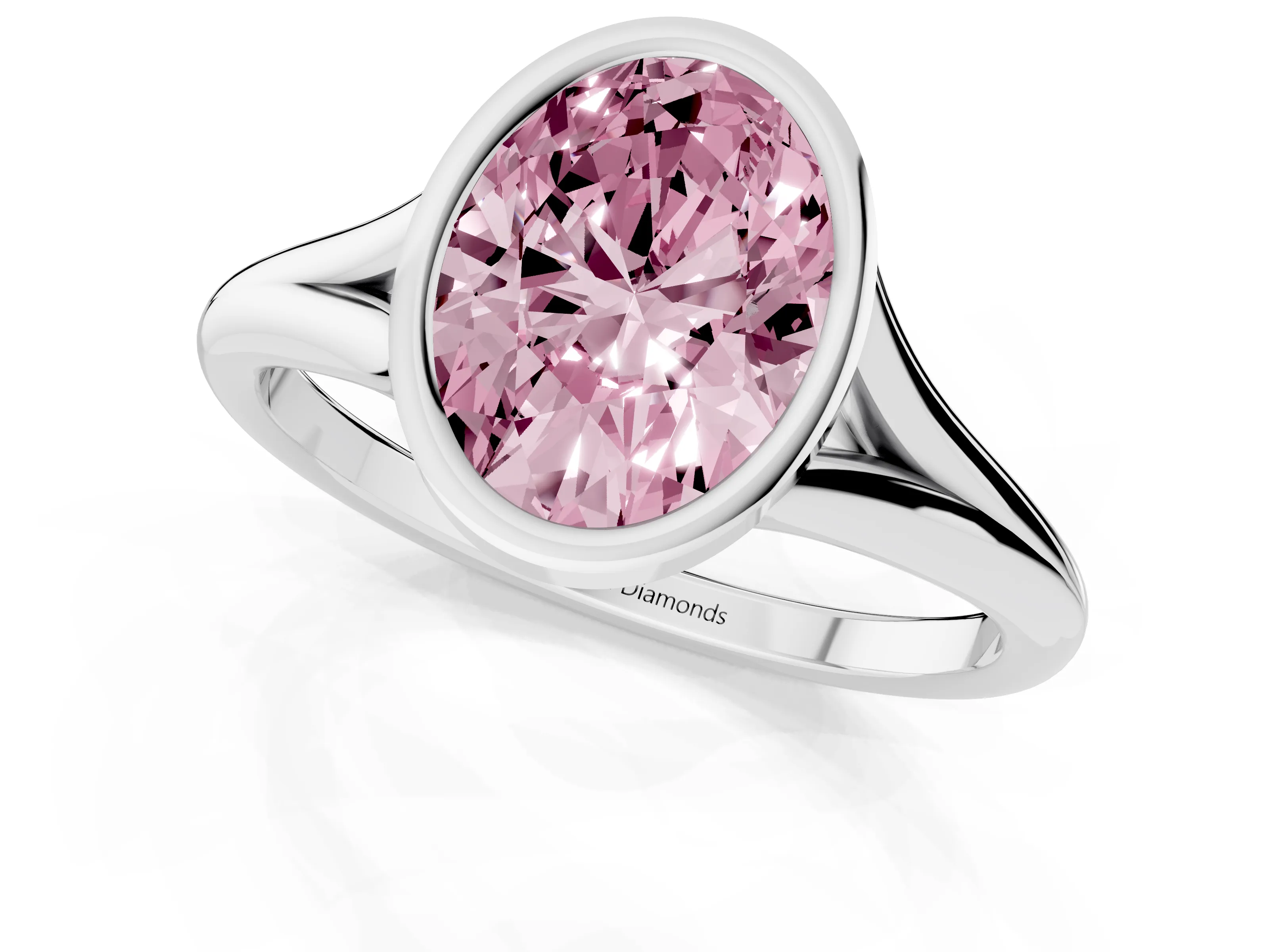 Fancy Pink Bezel Set Oval Cut Diamond Solitaire Ring Set in Silver with Tapered Band