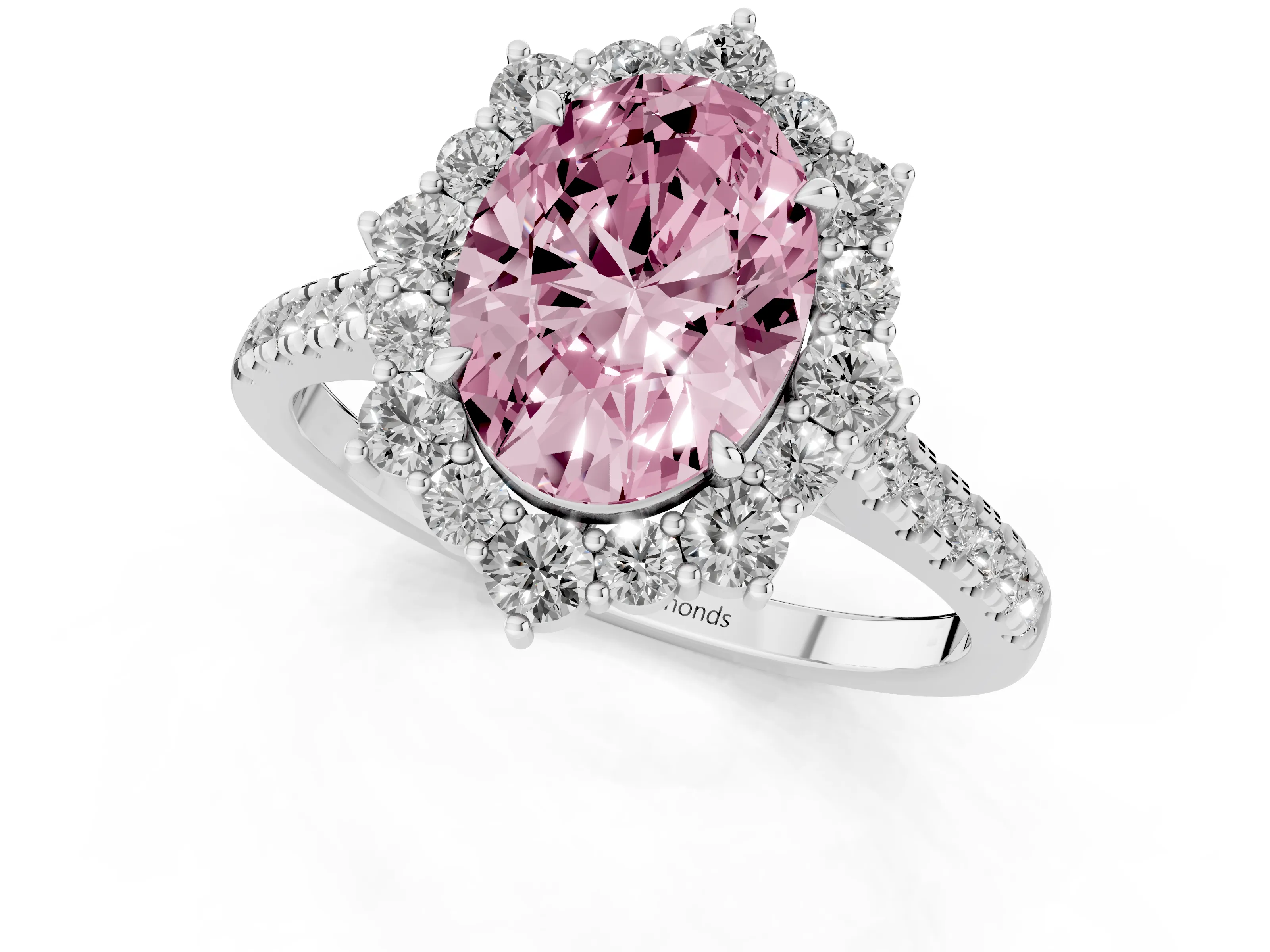 Fancy Pink Oval Cut Diamond Halo Ring Set in Silver with Pavé Band and Prong Setting