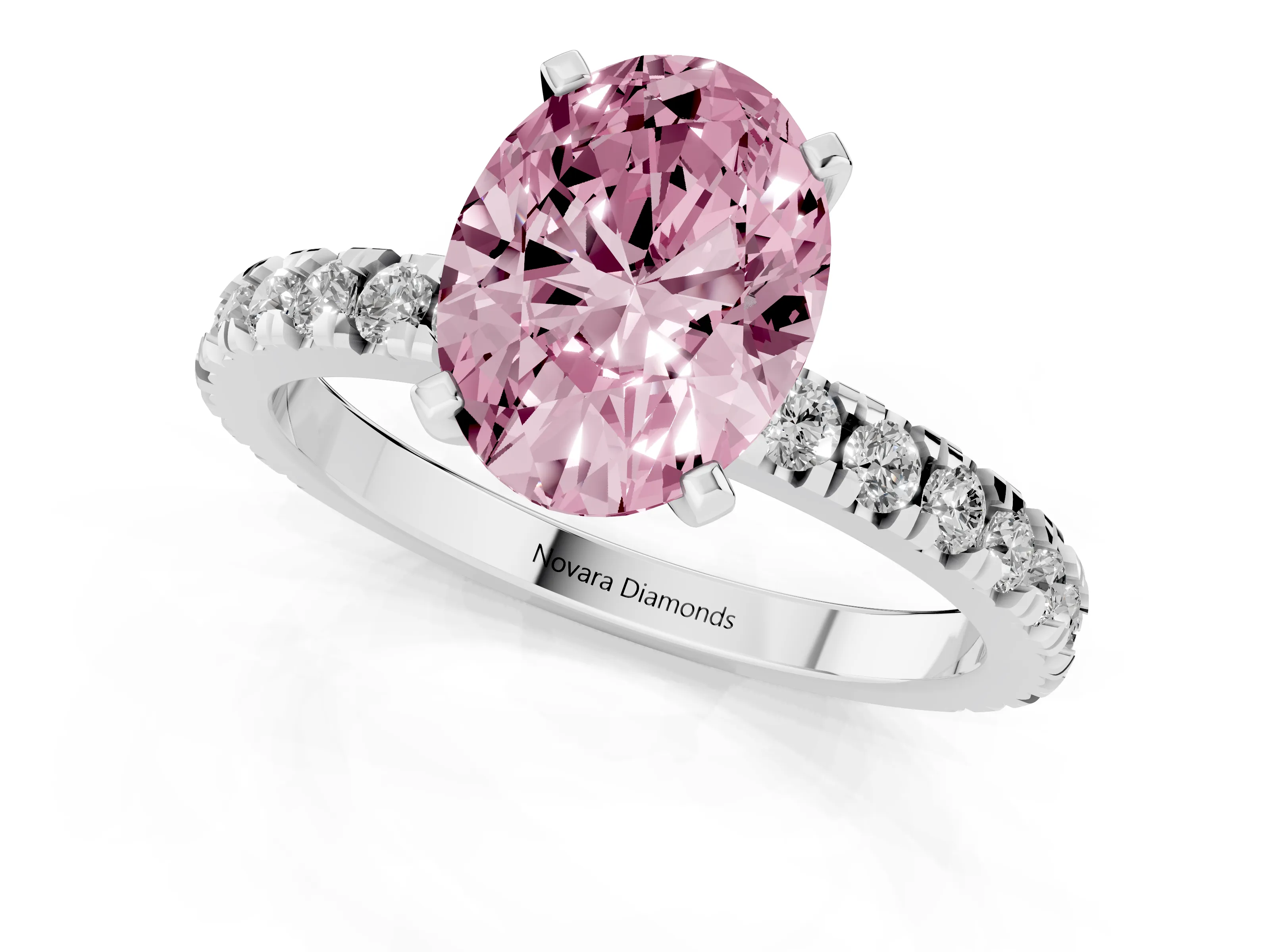 Fancy Pink Oval Cut Diamond Pavé Band Solitaire Set in White gold with Prong Setting
