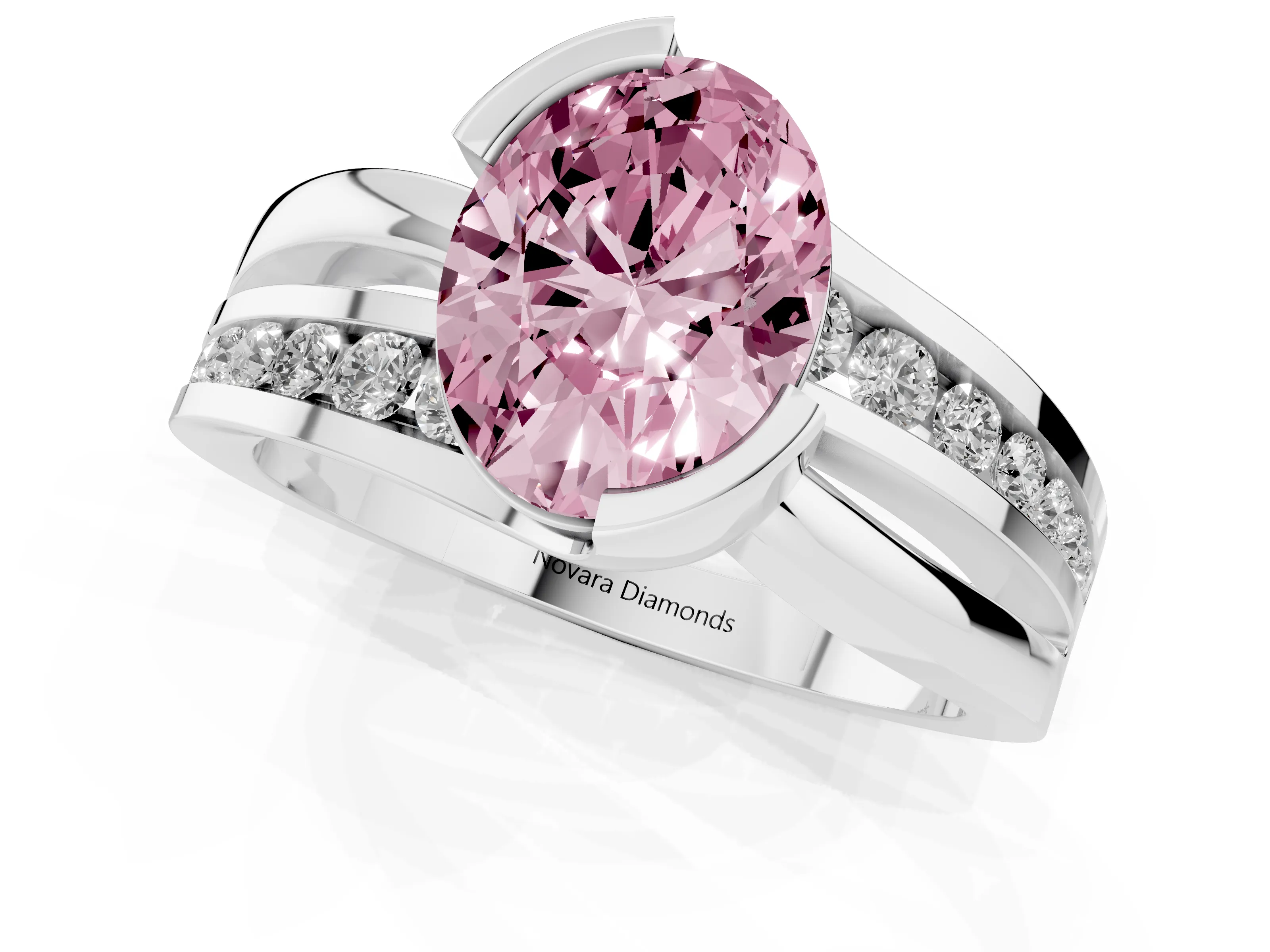 Fancy Pink Oval Cut Diamond Solitaire Ring Set in Platinum with Channel Set Split Shank and Tension Prongs