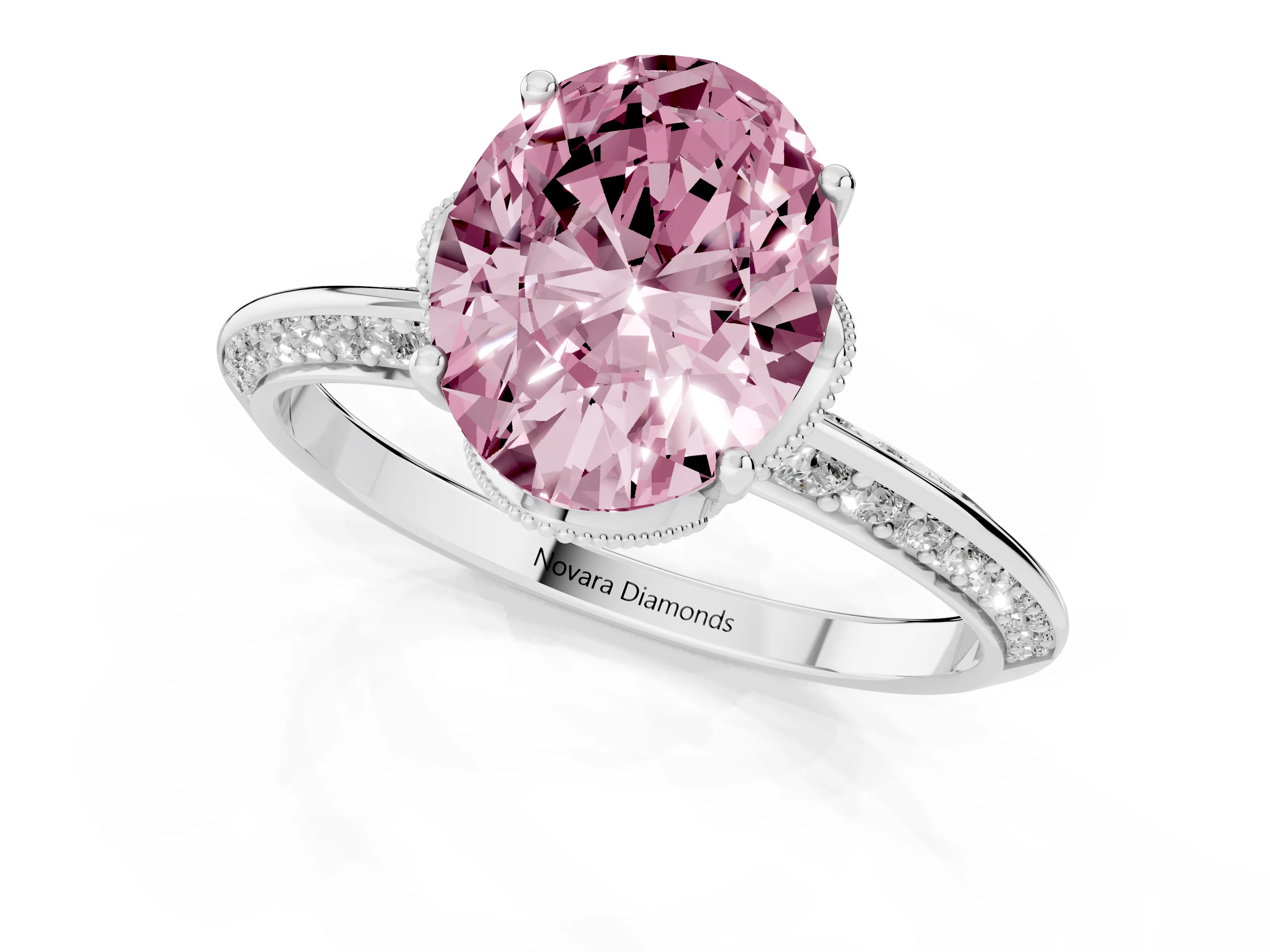 Fancy Pink Oval Cut Diamond Solitaire Engagement Ring Set in Platinum with Pavé Split Shank and Prong Setting